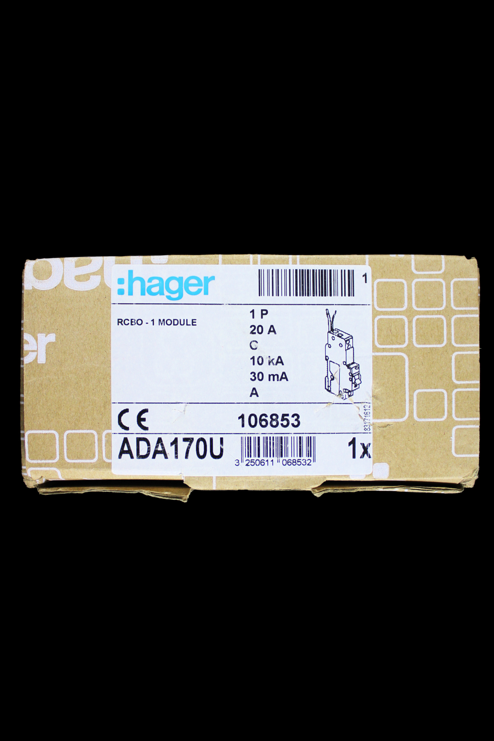HAGER 20 AMP CURVE C 10kA 30mA RCBO TYPE A 106853 ADA170U