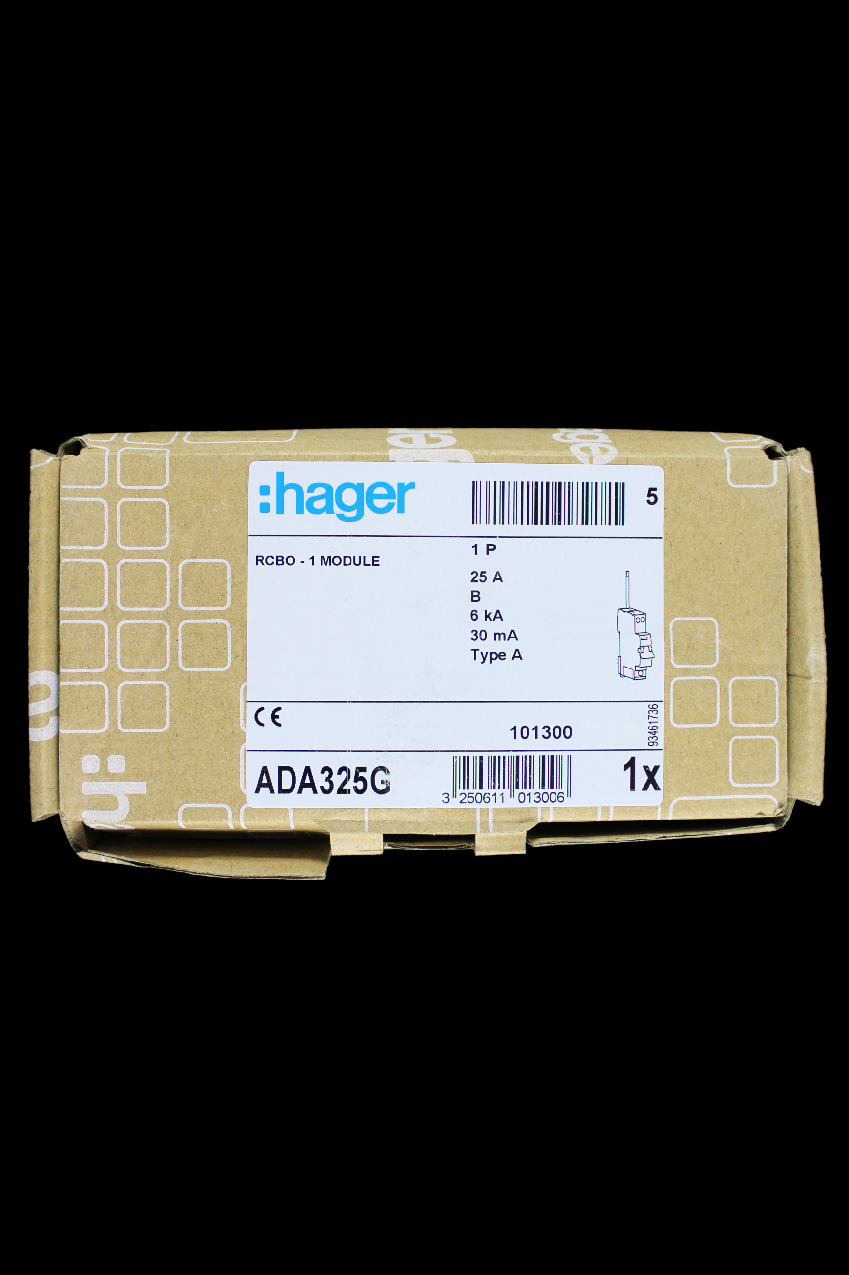 HAGER 25 AMP CURVE B 6kA 30mA RCBO TYPE A 101300 ADA325G