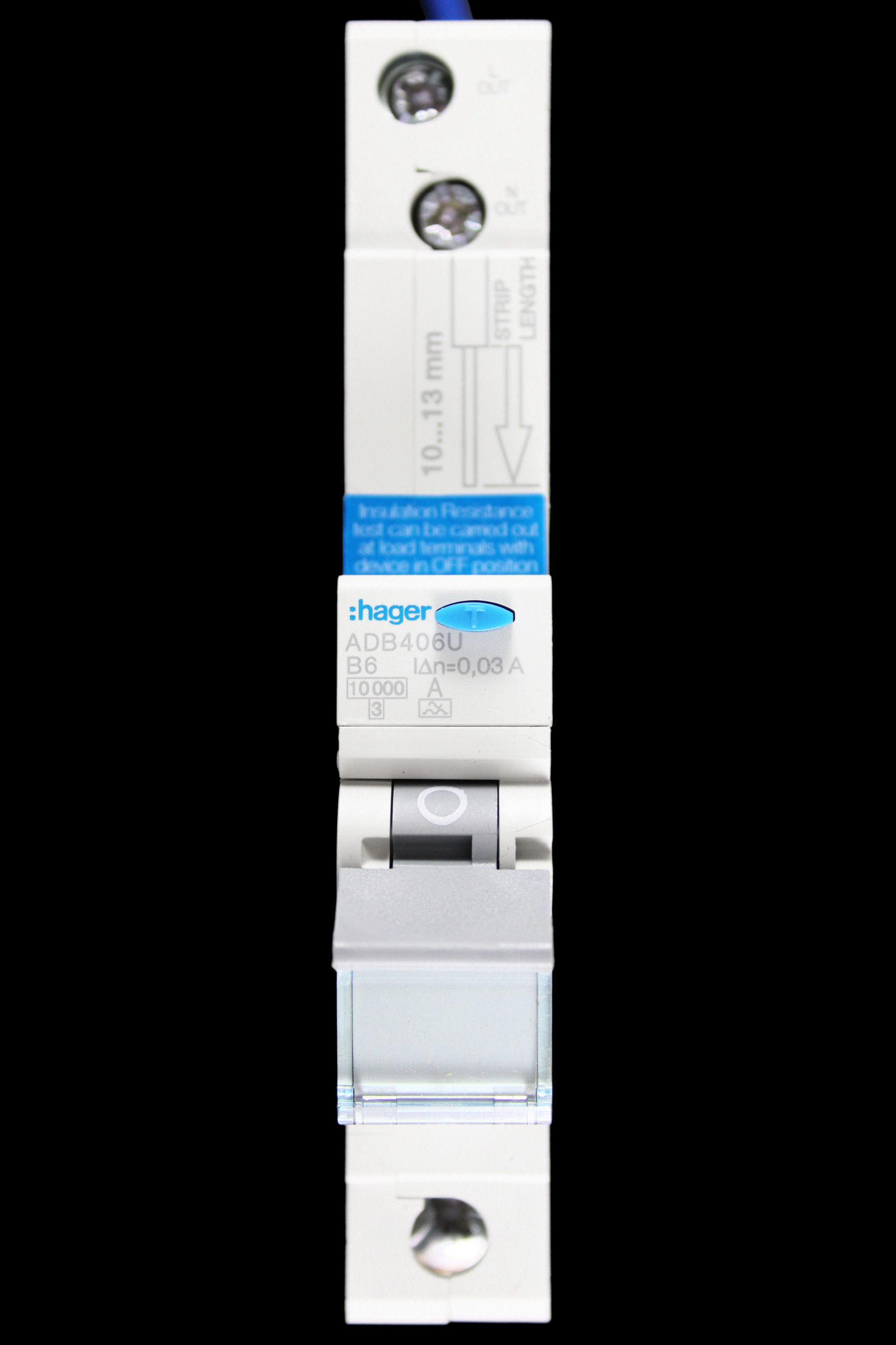 HAGER 6 AMP CURVE B 10kA 30mA RCBO TYPE A 103678 ADB406U