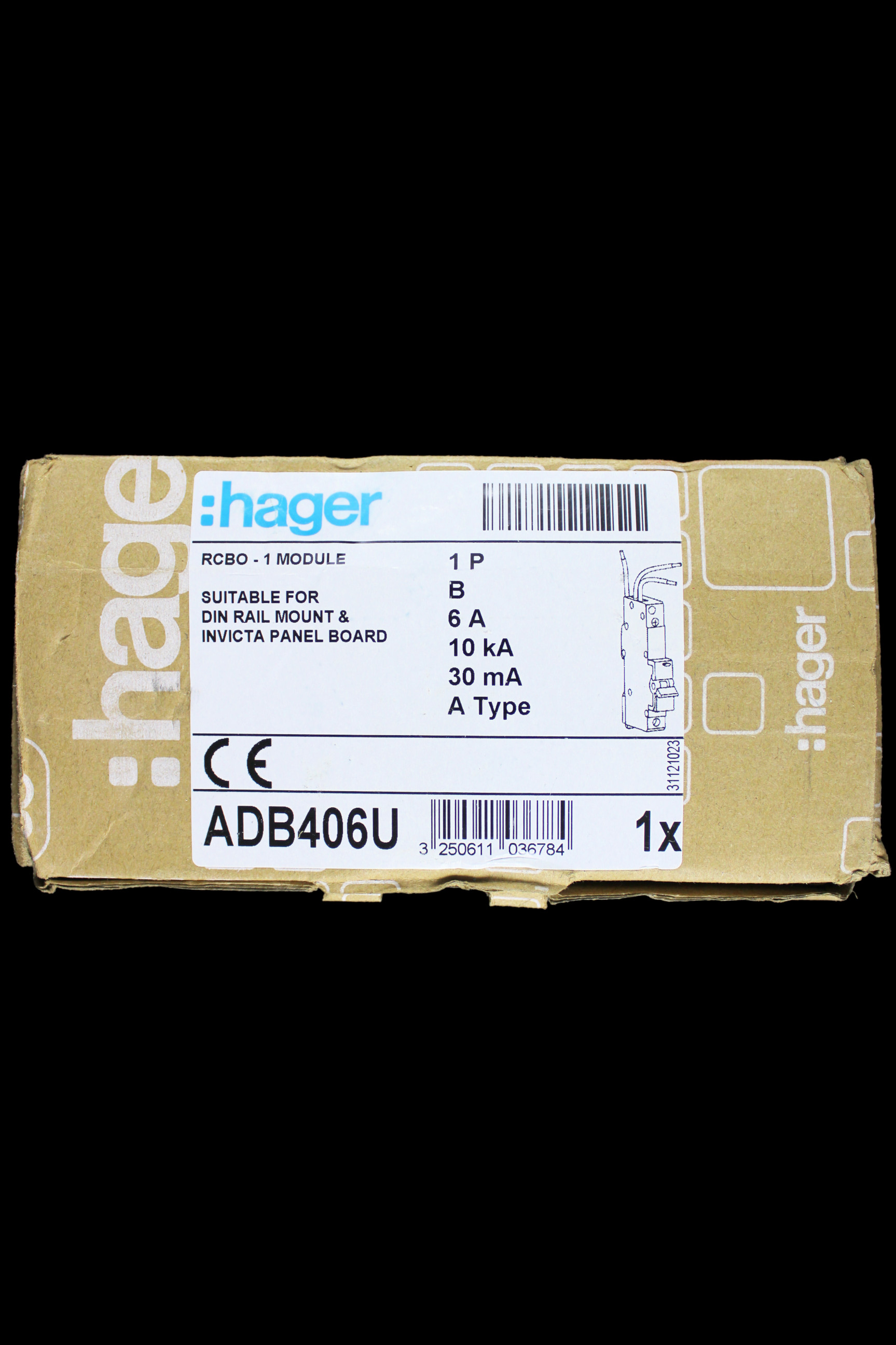 HAGER 6 AMP CURVE B 10kA 30mA RCBO TYPE A 103678 ADB406U