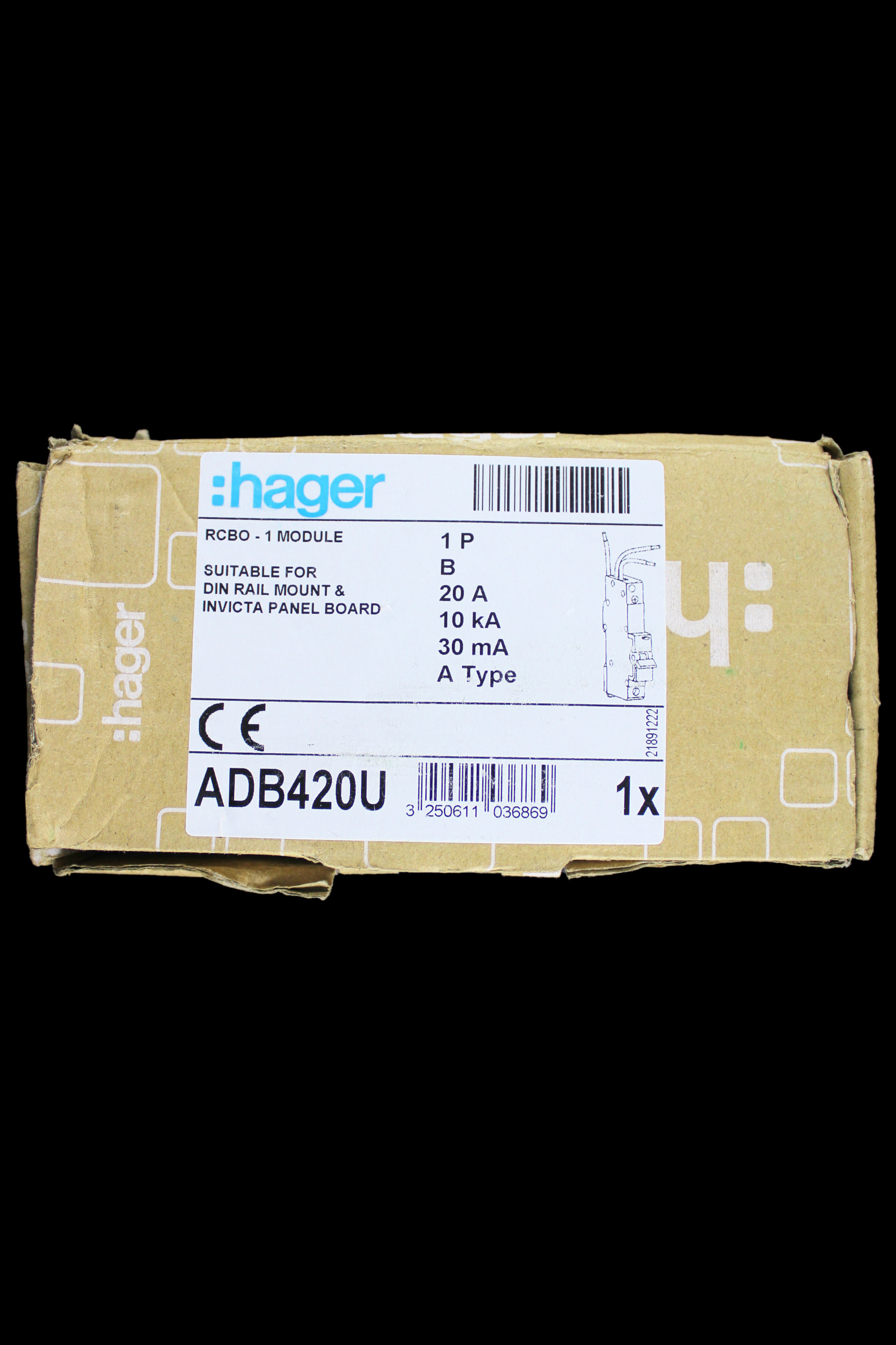 HAGER 20 AMP CURVE B 10kA 30mA RCBO TYPE A 103686 ADB420U