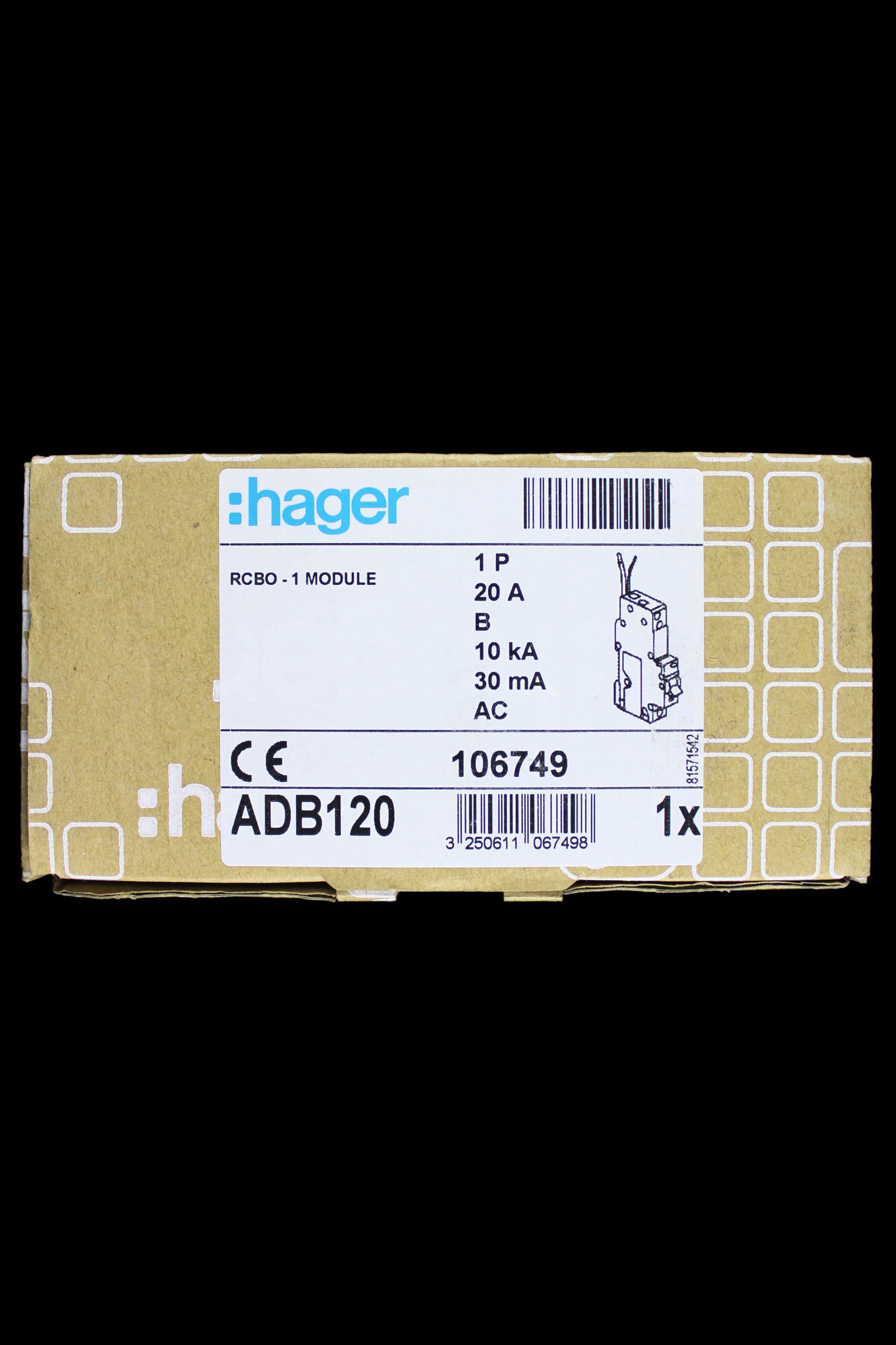 HAGER 20 AMP CURVE B 10kA 30mA RCBO TYPE AC 106749 ADB120