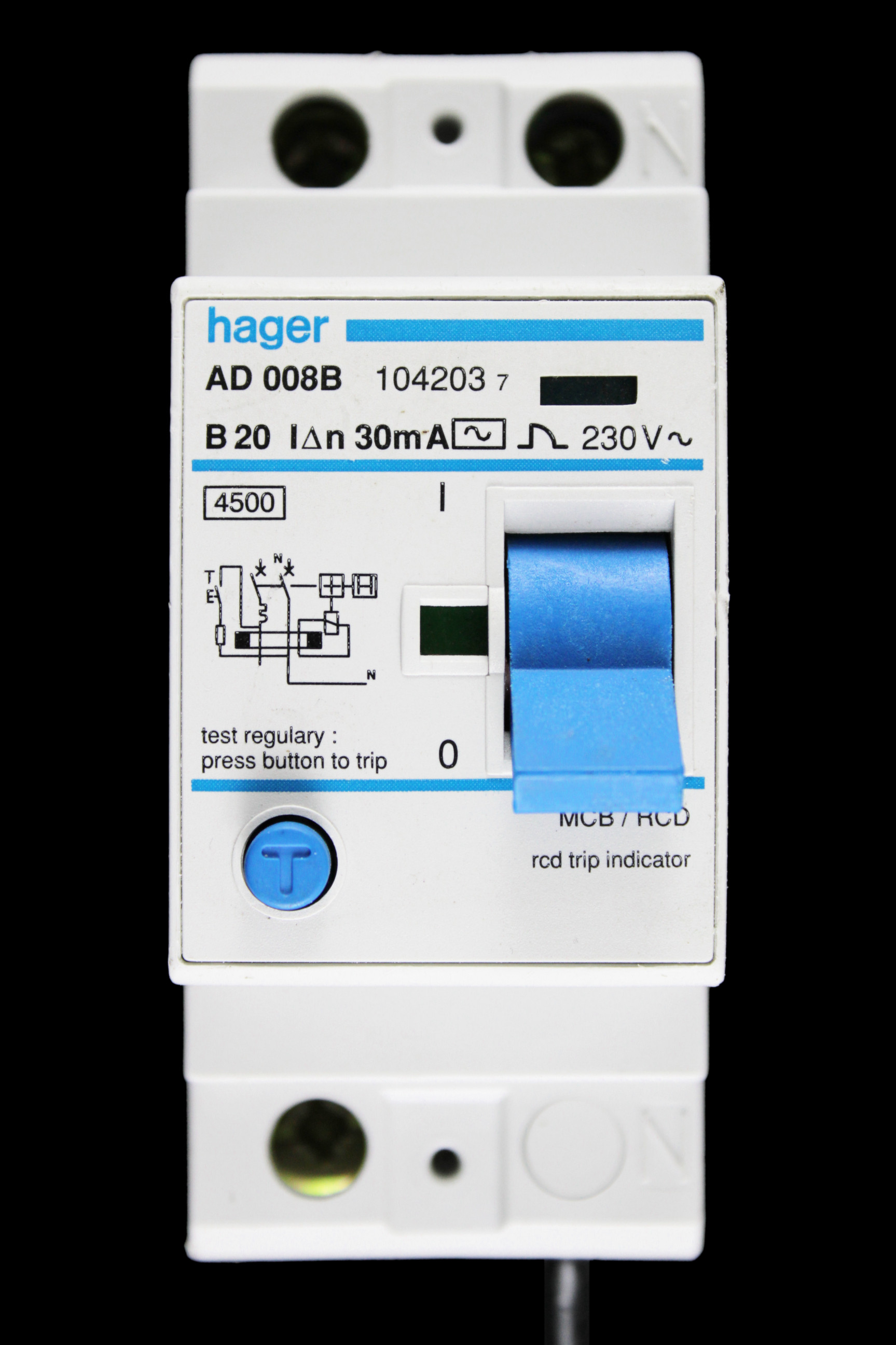 HAGER 20 AMP CURVE B 4.5kA 30mA DOUBLE POLE RCBO TYPE AC AD008B 104203