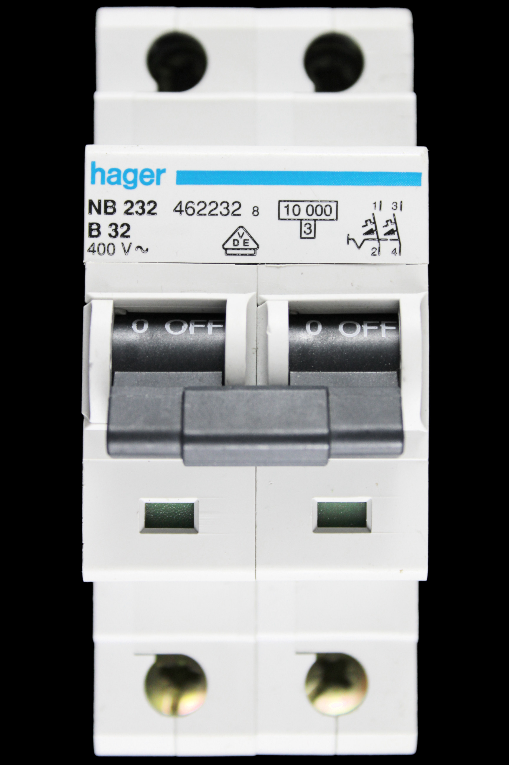 HAGER 32 AMP CURVE B 10kA DOUBLE POLE MCB CIRCUIT BREAKER NB232 462232