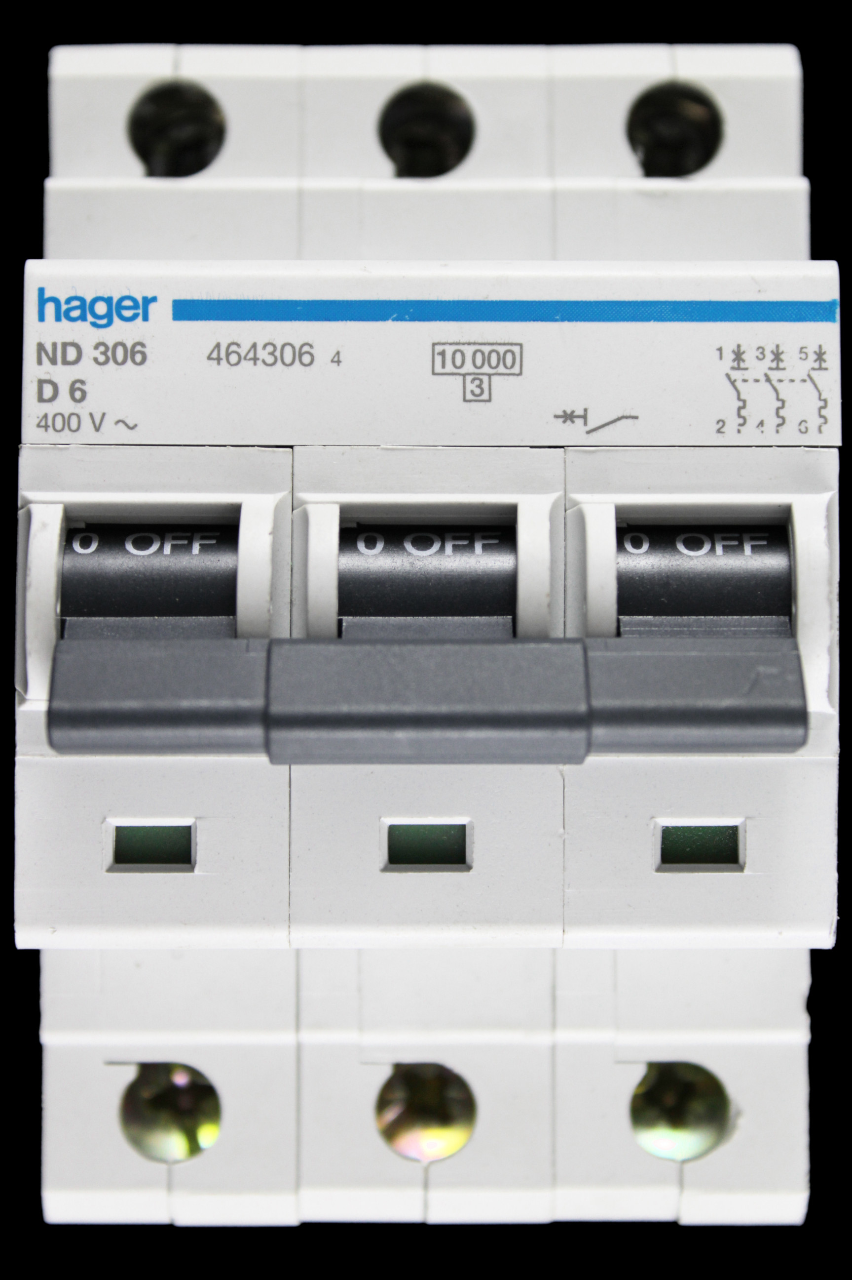 HAGER 6 AMP CURVE D 10kA TRIPLE POLE MCB CIRCUIT BREAKER ND306 464306