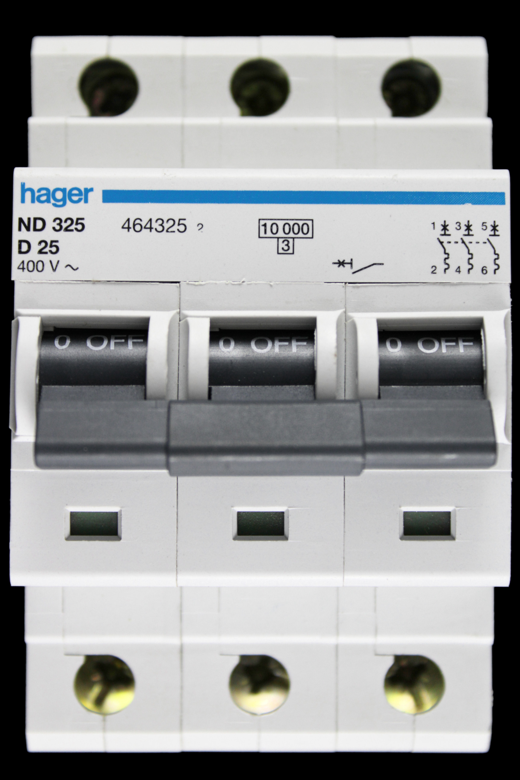HAGER 25 AMP CURVE D 10kA TRIPLE POLE MCB CIRCUIT BREAKER ND325 464325