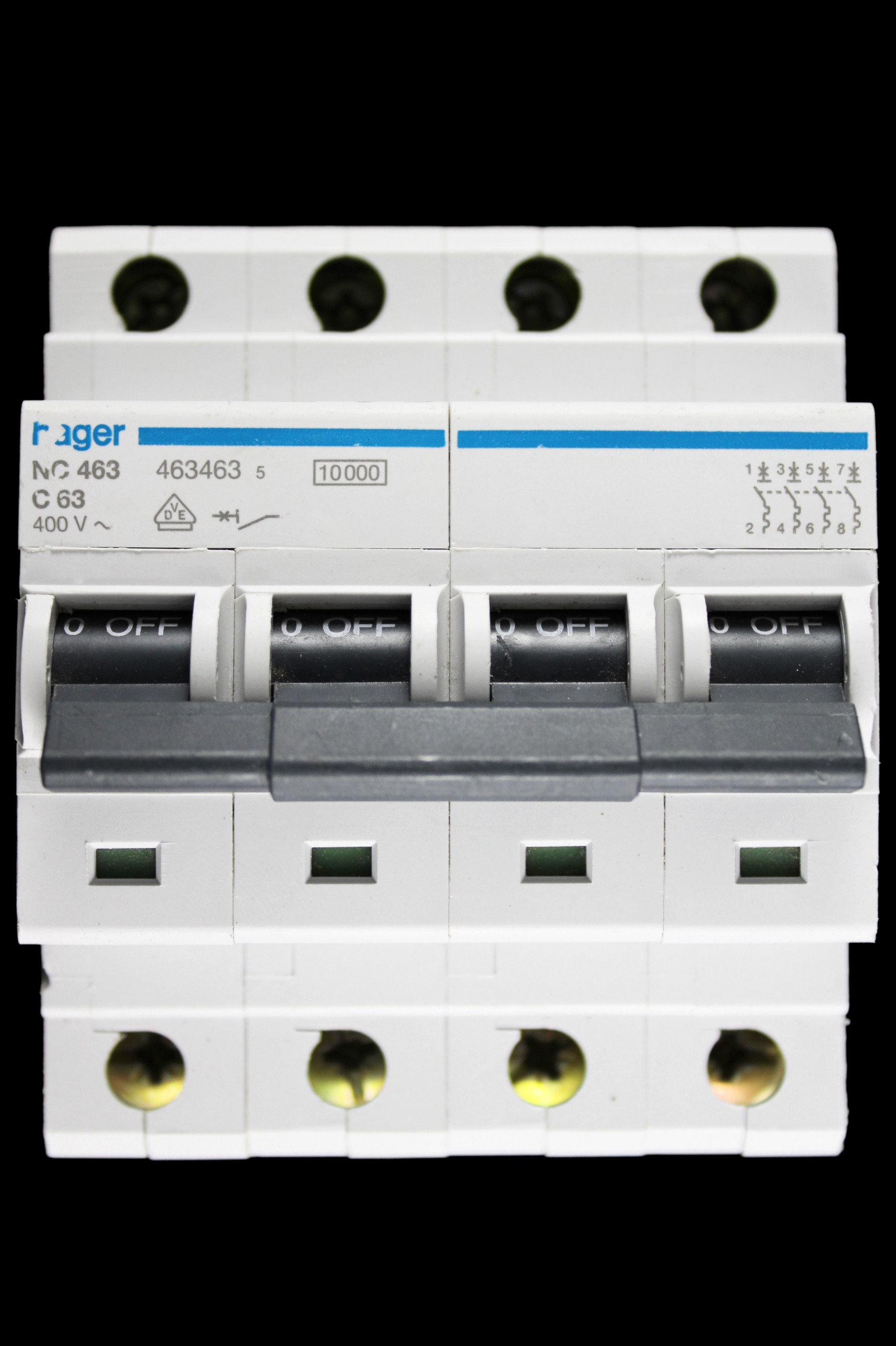 HAGER 63 AMP CURVE C 10kA FOUR POLE MCB CIRCUIT BREAKER NC463 463463