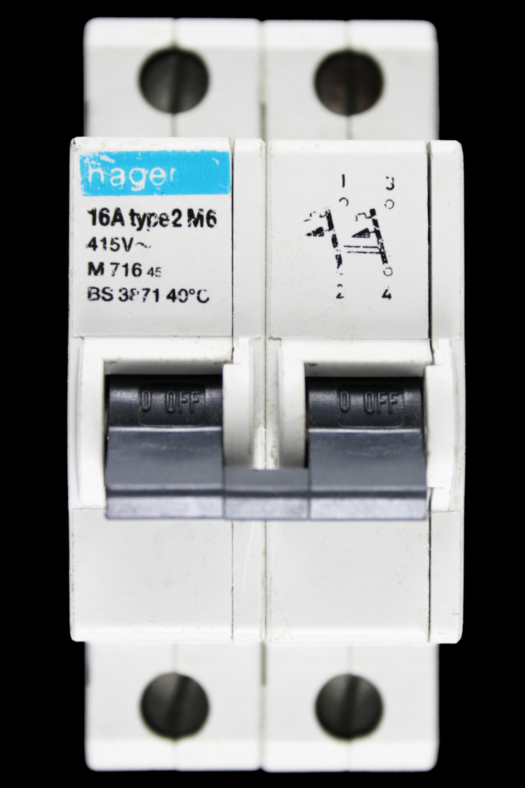 HAGER 16 AMP TYPE 2 M6 DOUBLE POLE MCB CIRCUIT BREAKER M716 45