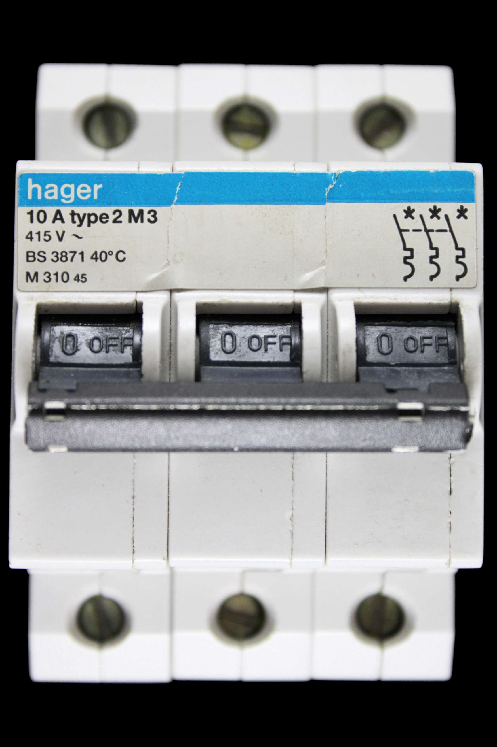 HAGER 10 AMP TYPE 2 M3 TRIPLE POLE MCB CIRCUIT BREAKER M310 45