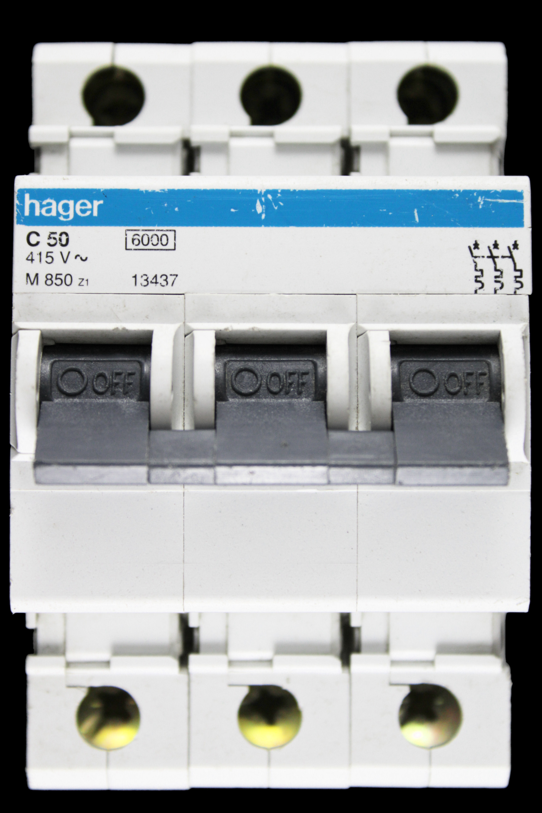 HAGER 50 AMP CURVE C 6kA TRIPLE POLE MCB CIRCUIT BREAKER M850 Z1 13437