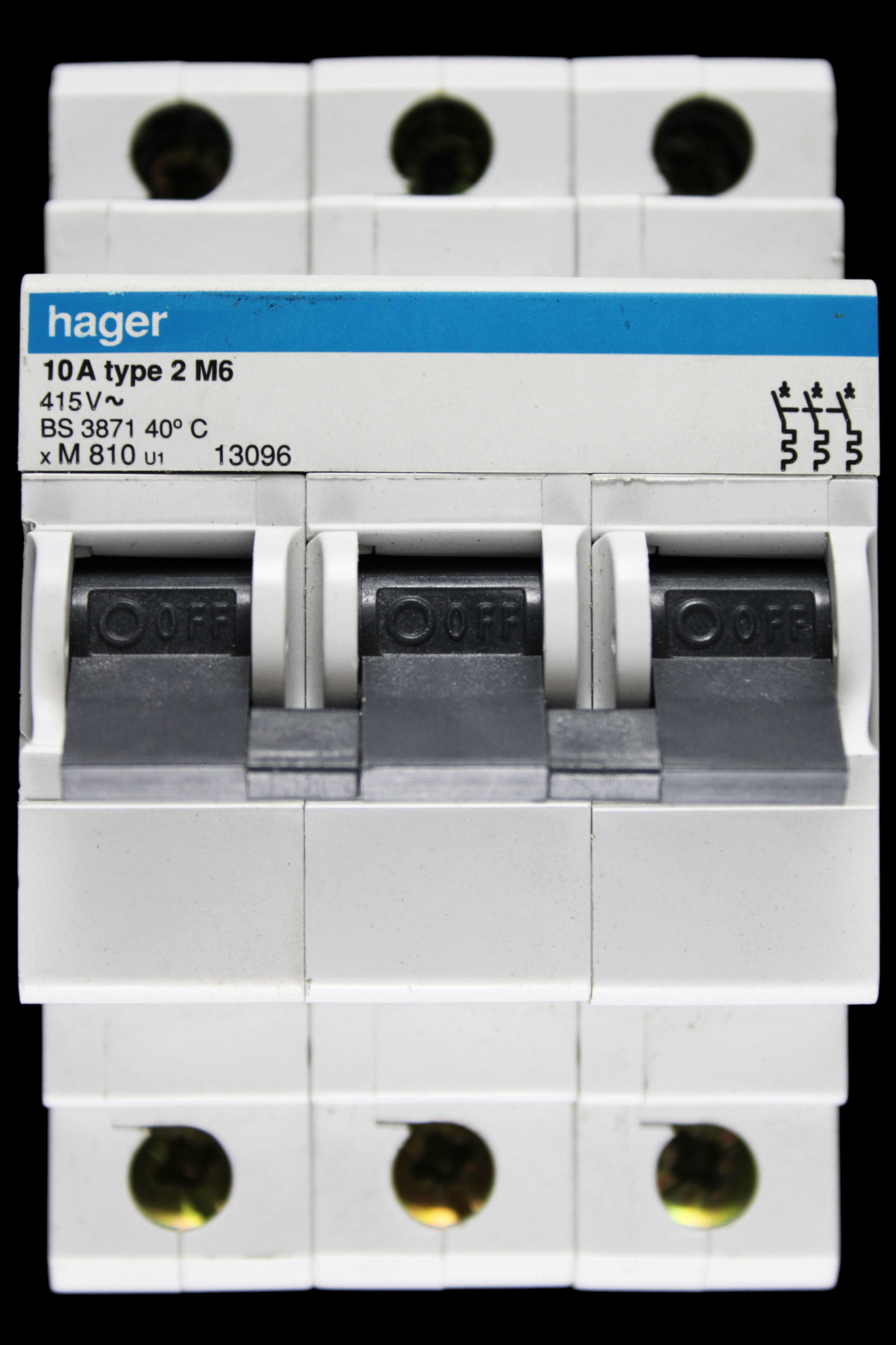 HAGER 10 AMP TYPE 2 M6 TRIPLE POLE MCB CIRCUIT BREAKER M810 U1 13096