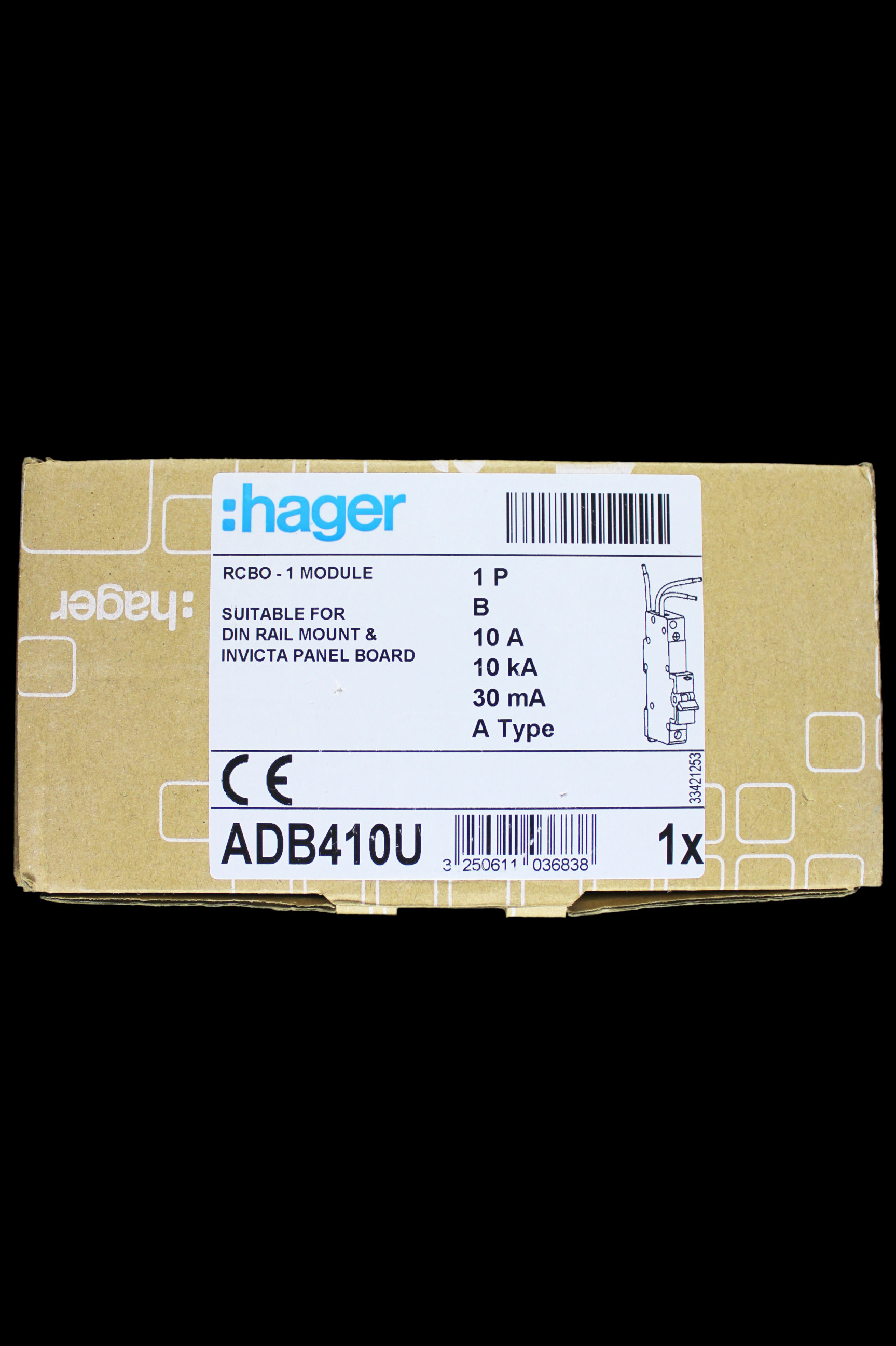 HAGER 10 AMP CURVE B 10kA 30mA RCBO TYPE A 103683 ADB410U