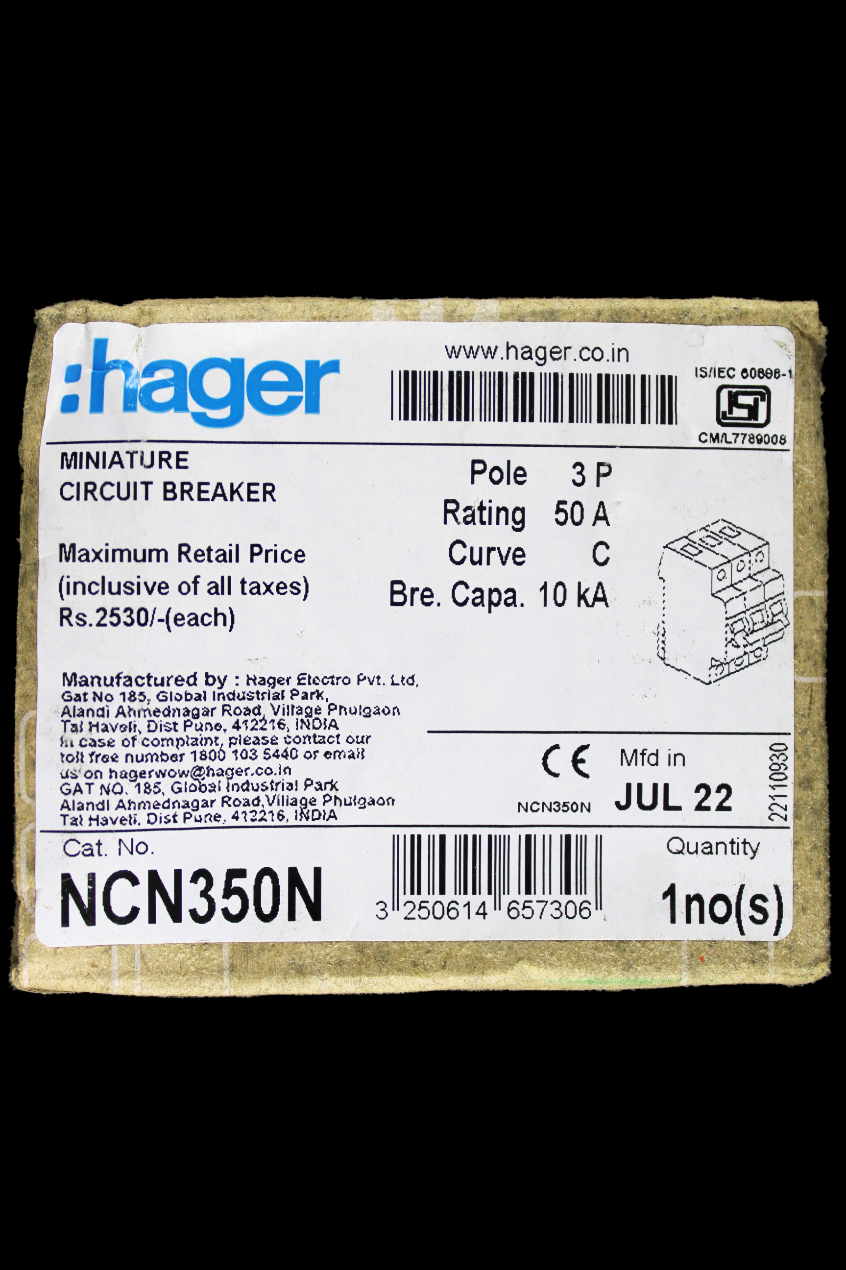 HAGER 50 AMP CURVE C 10kA TRIPLE POLE MCB CIRCUIT BREAKER NCN350N 465730