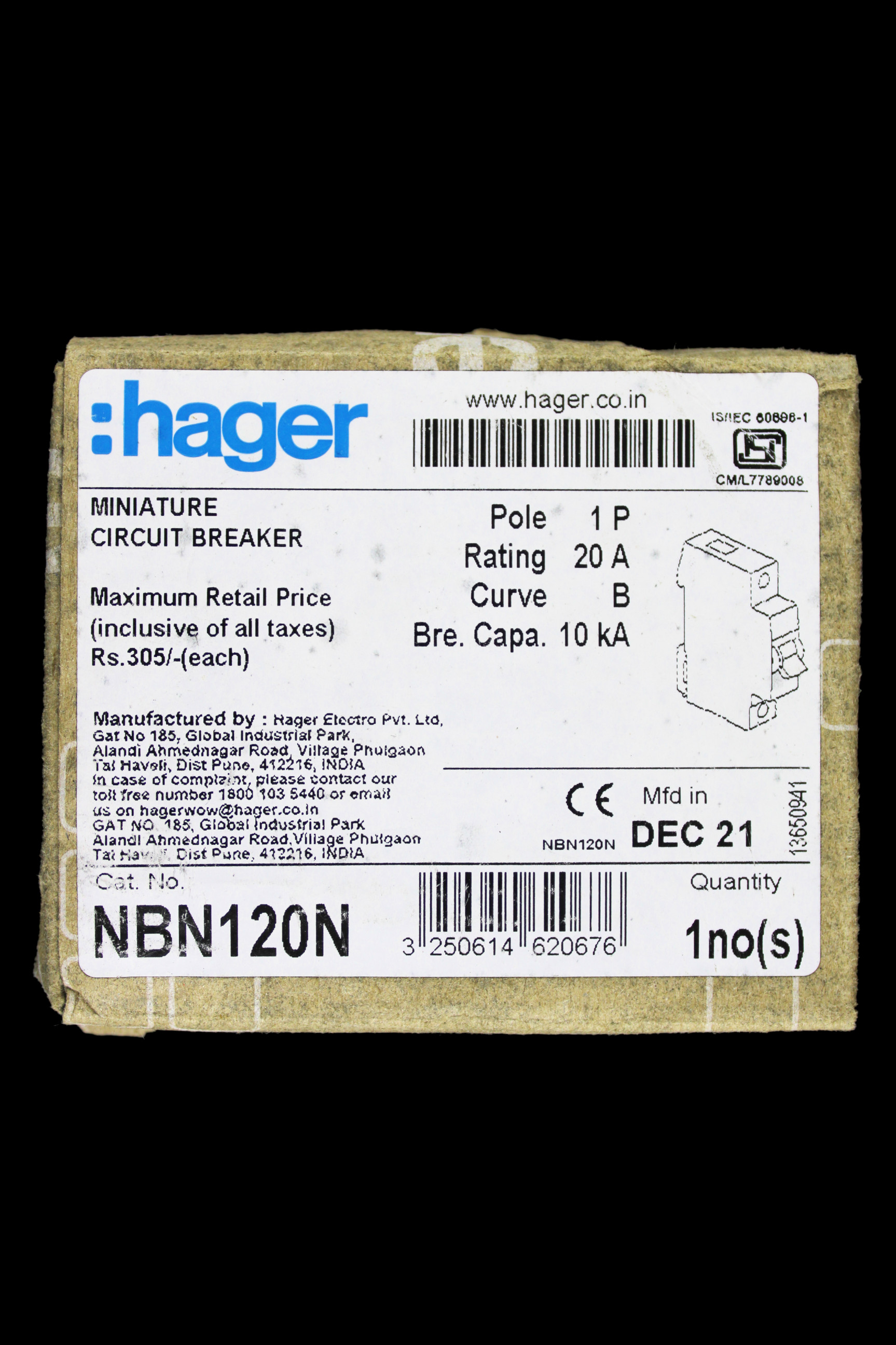 HAGER 20 AMP CURVE B 10kA MCB CIRCUIT BREAKER NBN120N 462067