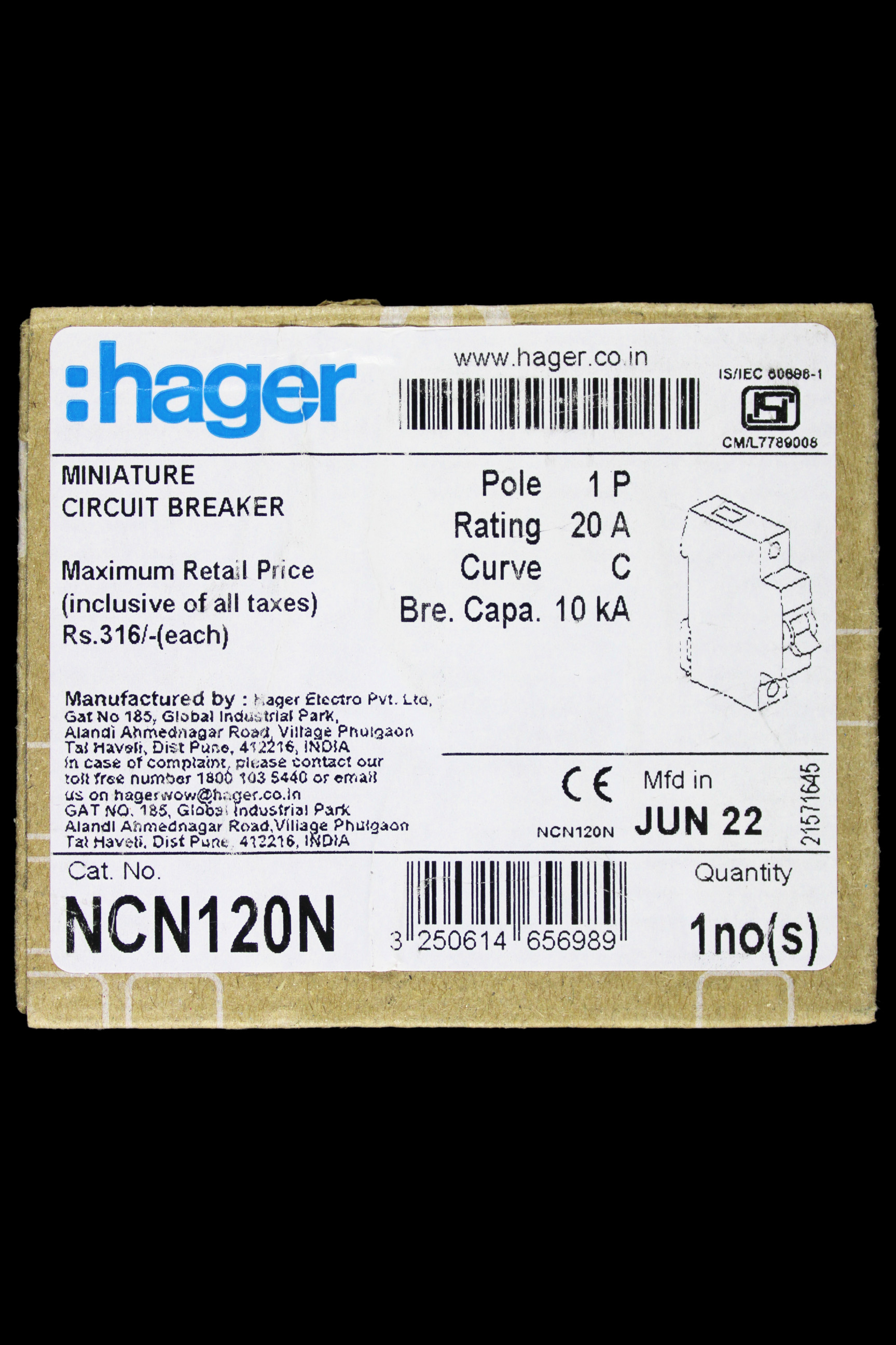 HAGER 20 AMP CURVE C 10kA MCB CIRCUIT BREAKER NCN120N 465698