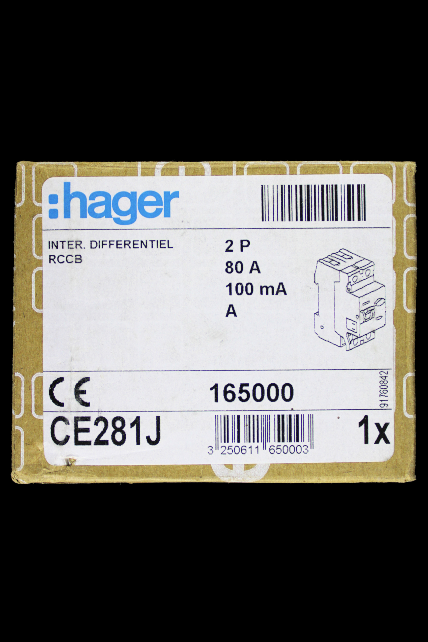 HAGER 80 AMP 100mA DOUBLE POLE RCCB RCD TYPE A CE281J 165000