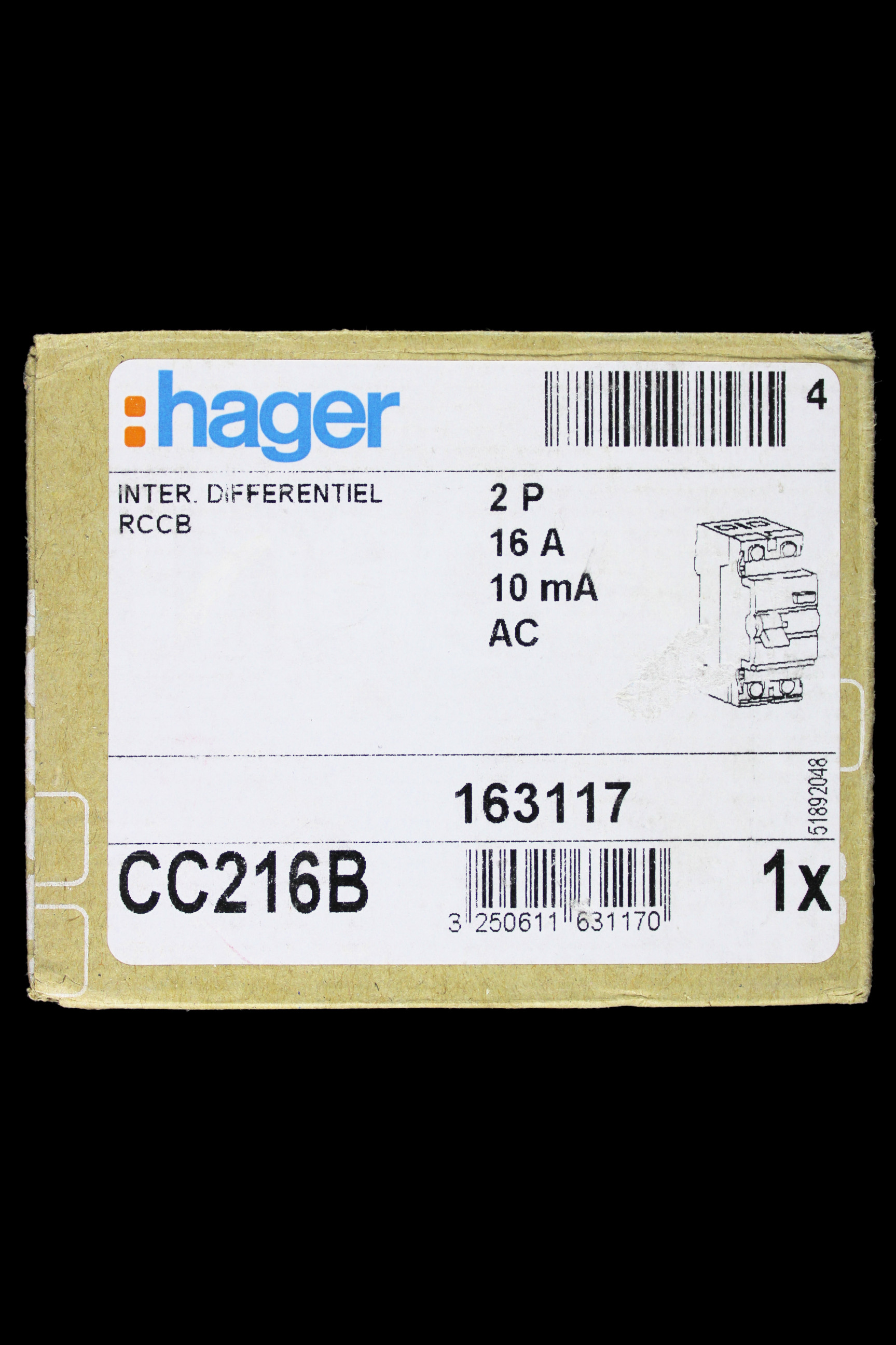HAGER 16 AMP 10mA DOUBLE POLE RCCB RCD TYPE AC CC216B 163117