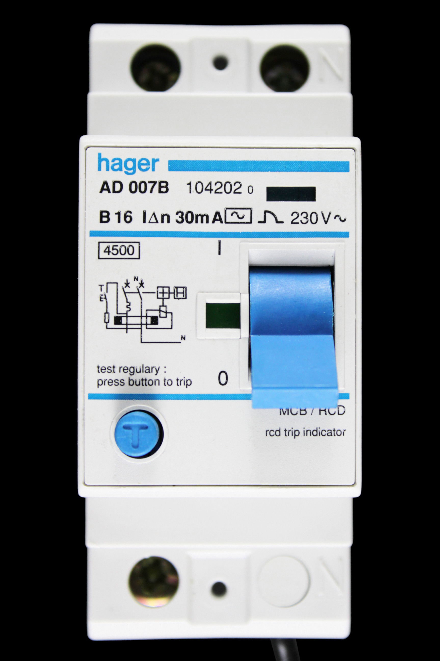 HAGER 16 AMP CURVE B 4.5kA 30mA DOUBLE POLE RCBO RCD MCB TYPE AC AD007B 104202
