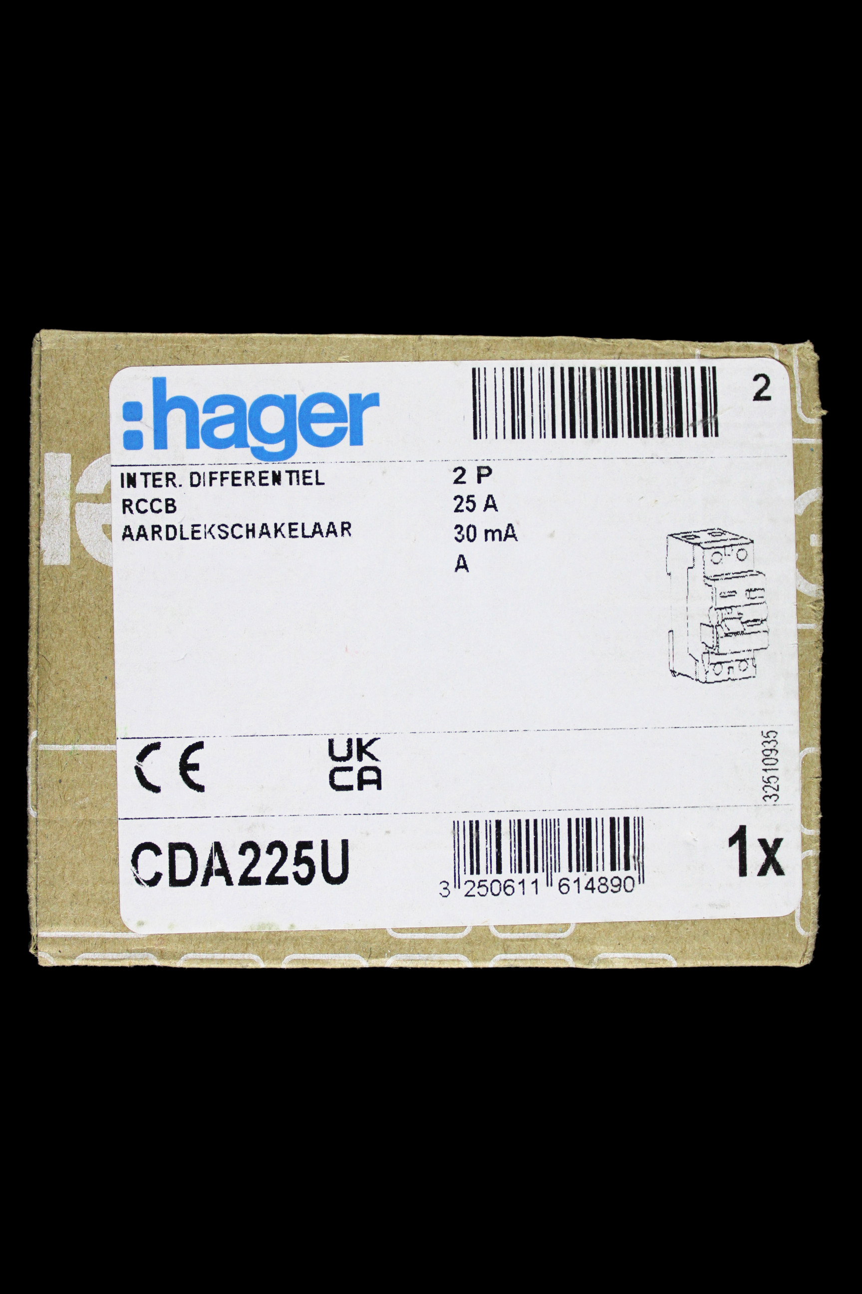 HAGER 25 AMP 30mA DOUBLE POLE RCCB TYPE A CDA225U 161489