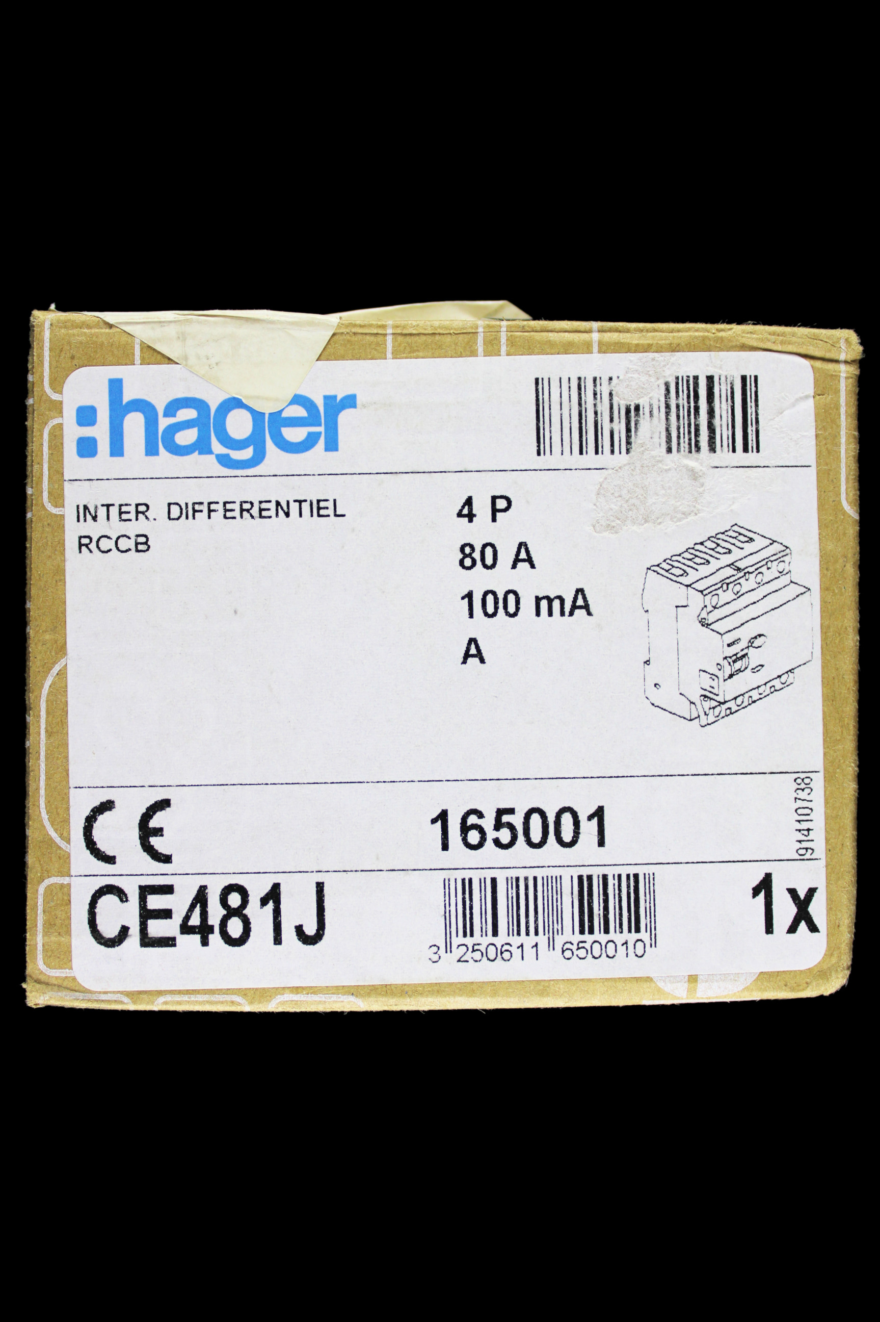 HAGER 80 AMP 100mA FOUR POLE RCCB RCD TYPE A CE481J 165001