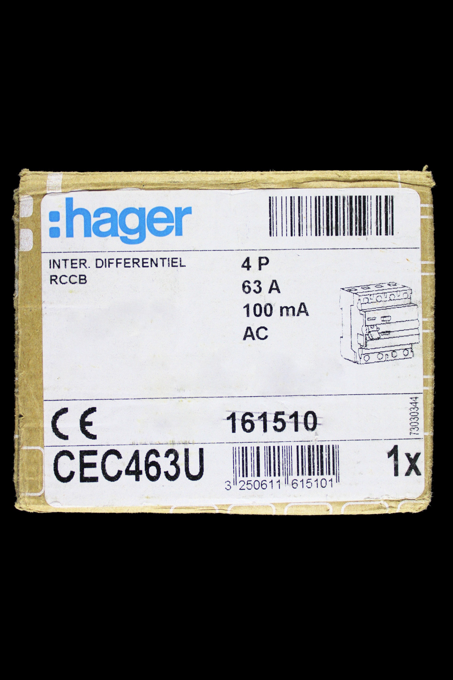 HAGER 63 AMP 100mA FOUR POLE RCCB RCD TYPE AC CEC463U 161510