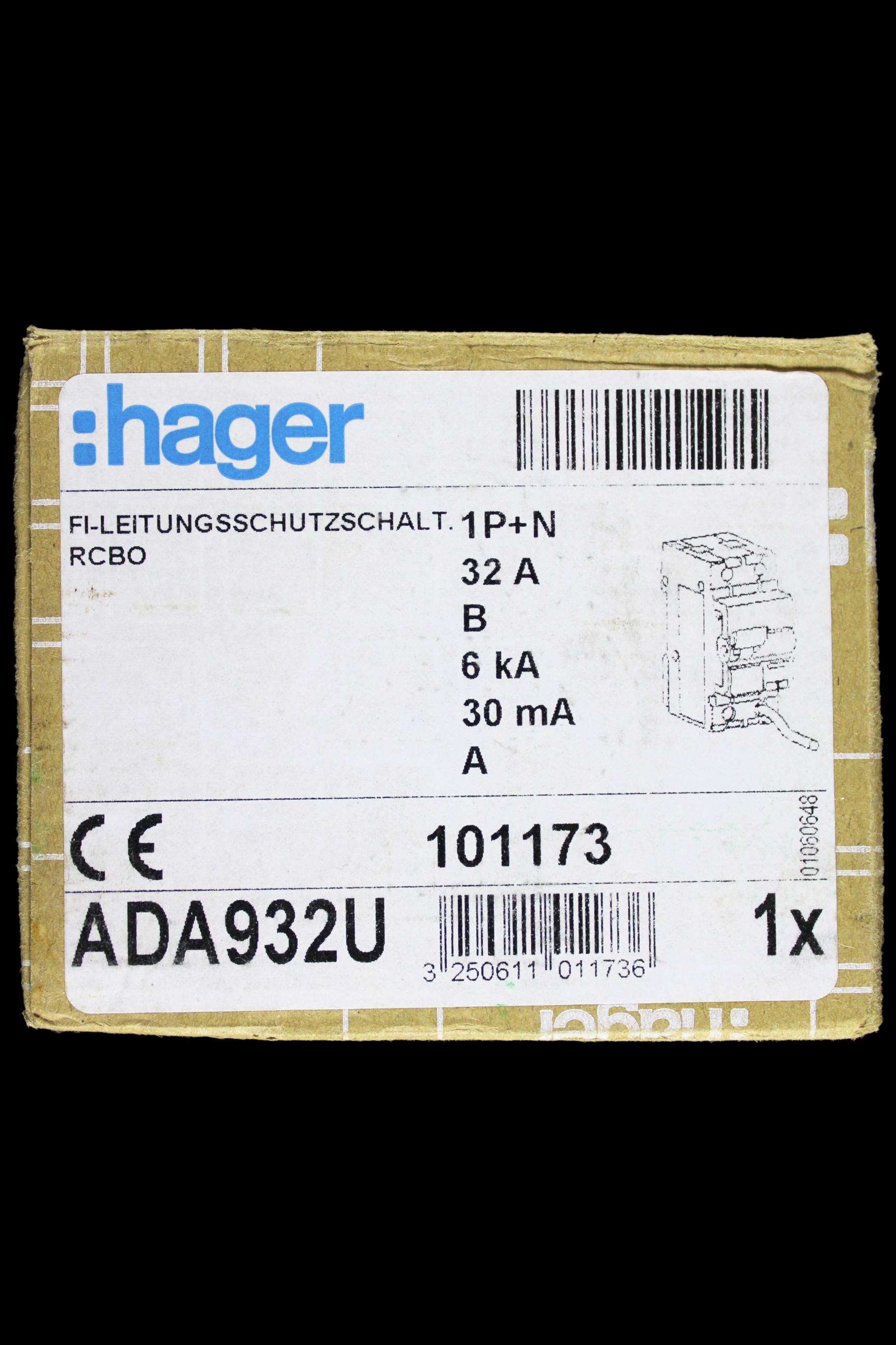 HAGER 32 AMP CURVE B 6kA 30mA DOUBLE POLE RCBO TYPE A ADA932U 101173