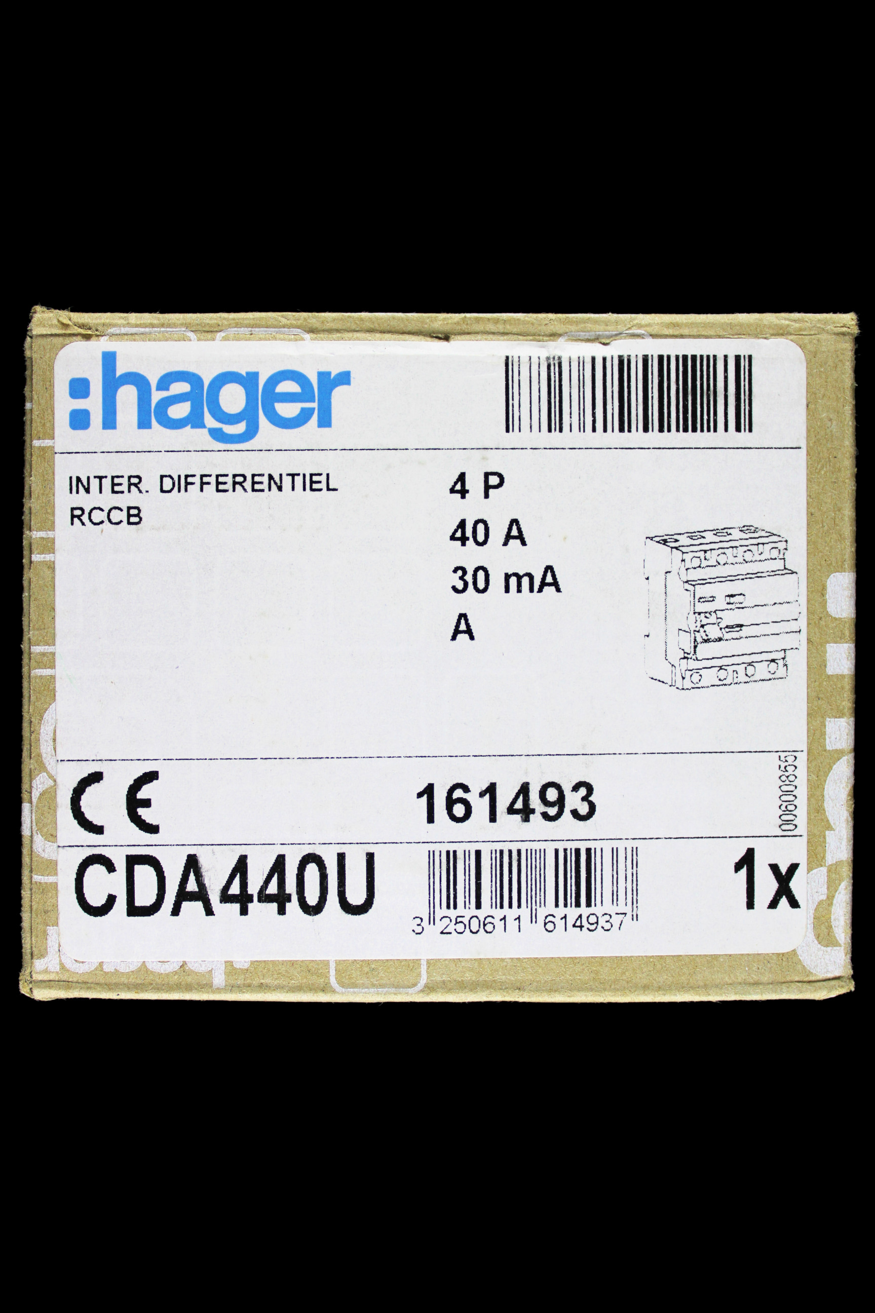 HAGER 40 AMP 30mA FOUR POLE RCCB RCD TYPE A CDA440U 161493