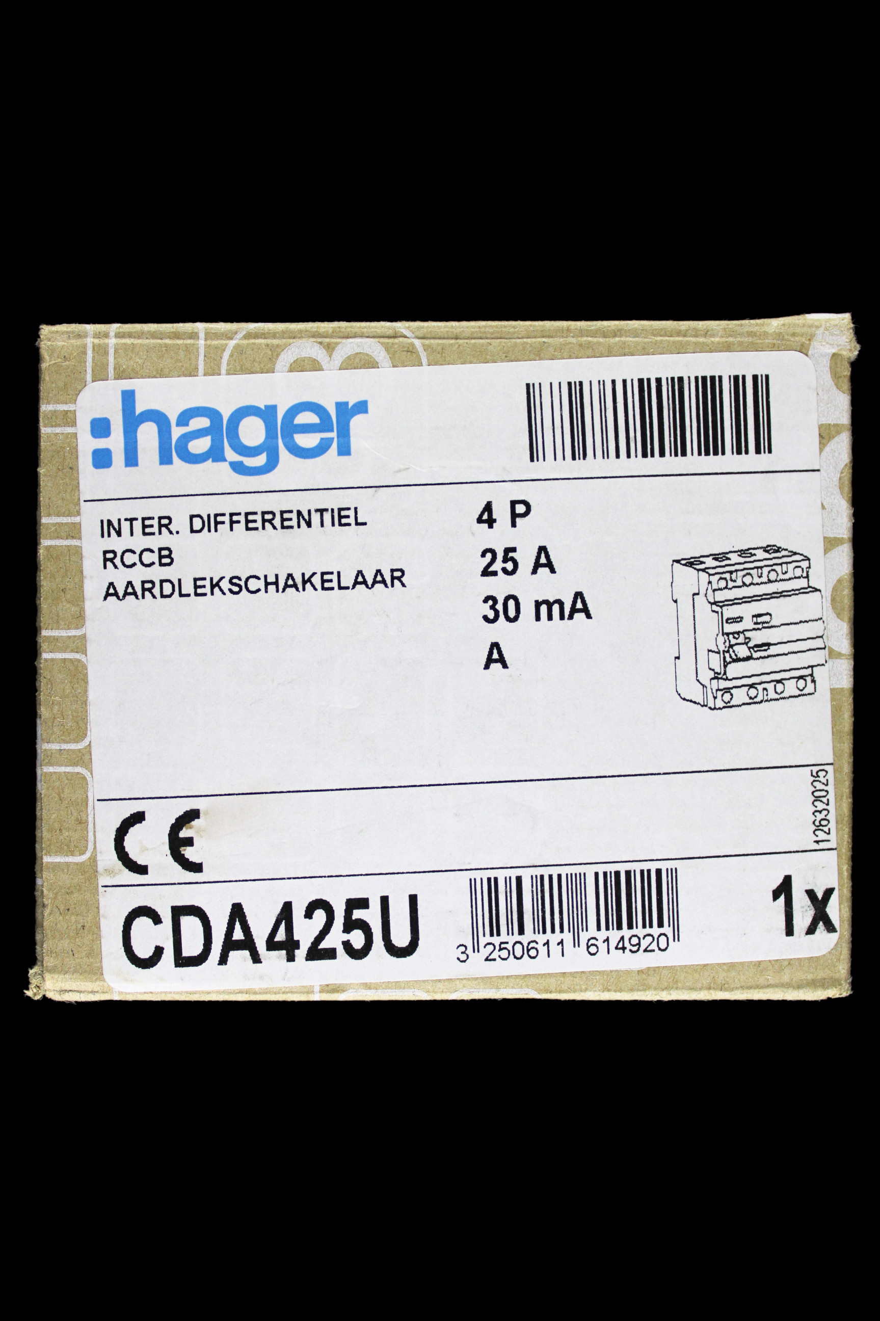 HAGER 25 AMP 30mA FOUR POLE RCCB RCD TYPE A CDA425U 161492