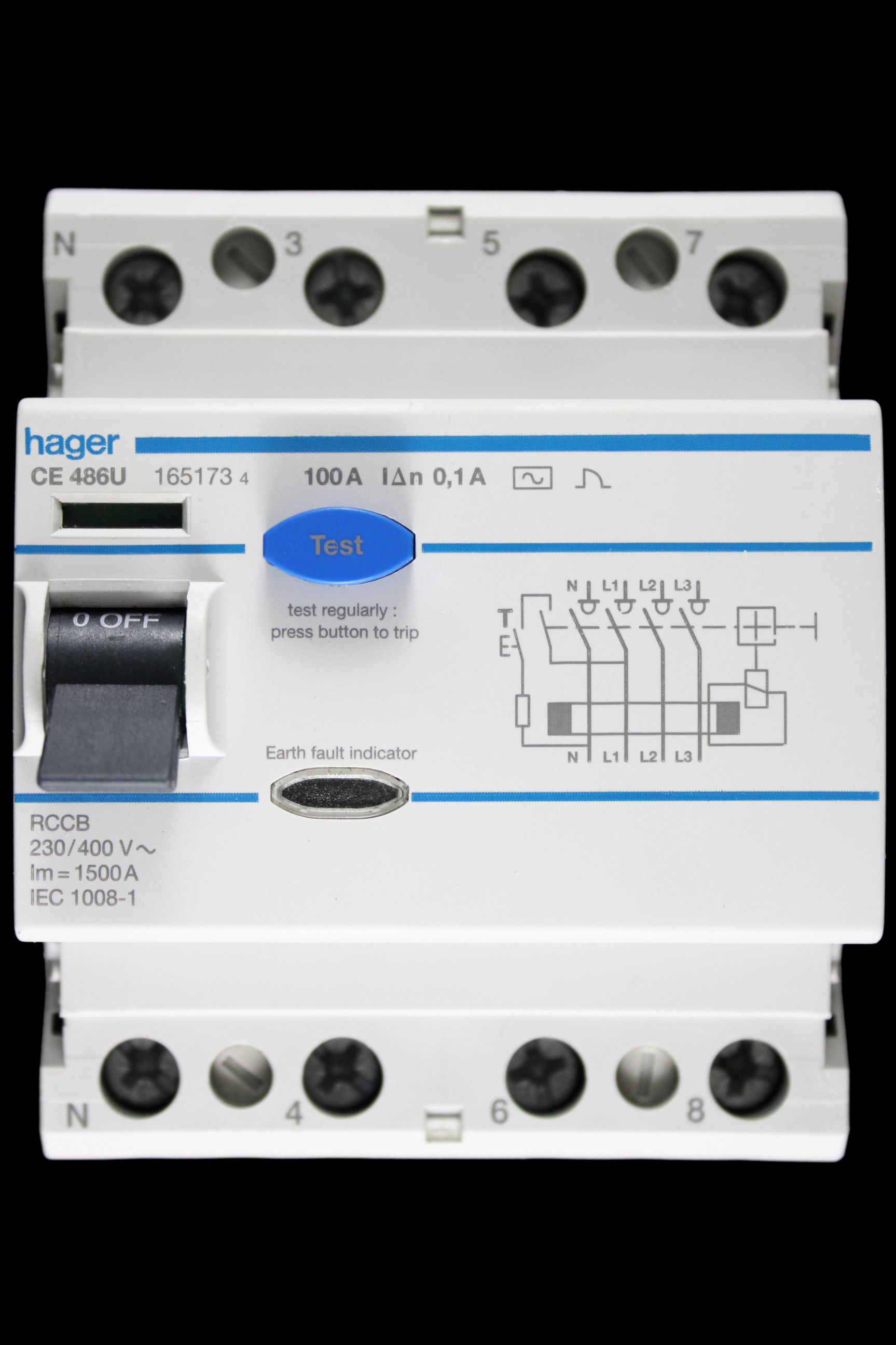 HAGER 100 AMP 100mA FOUR POLE RCCB RCD TYPE AC CE486U 165173