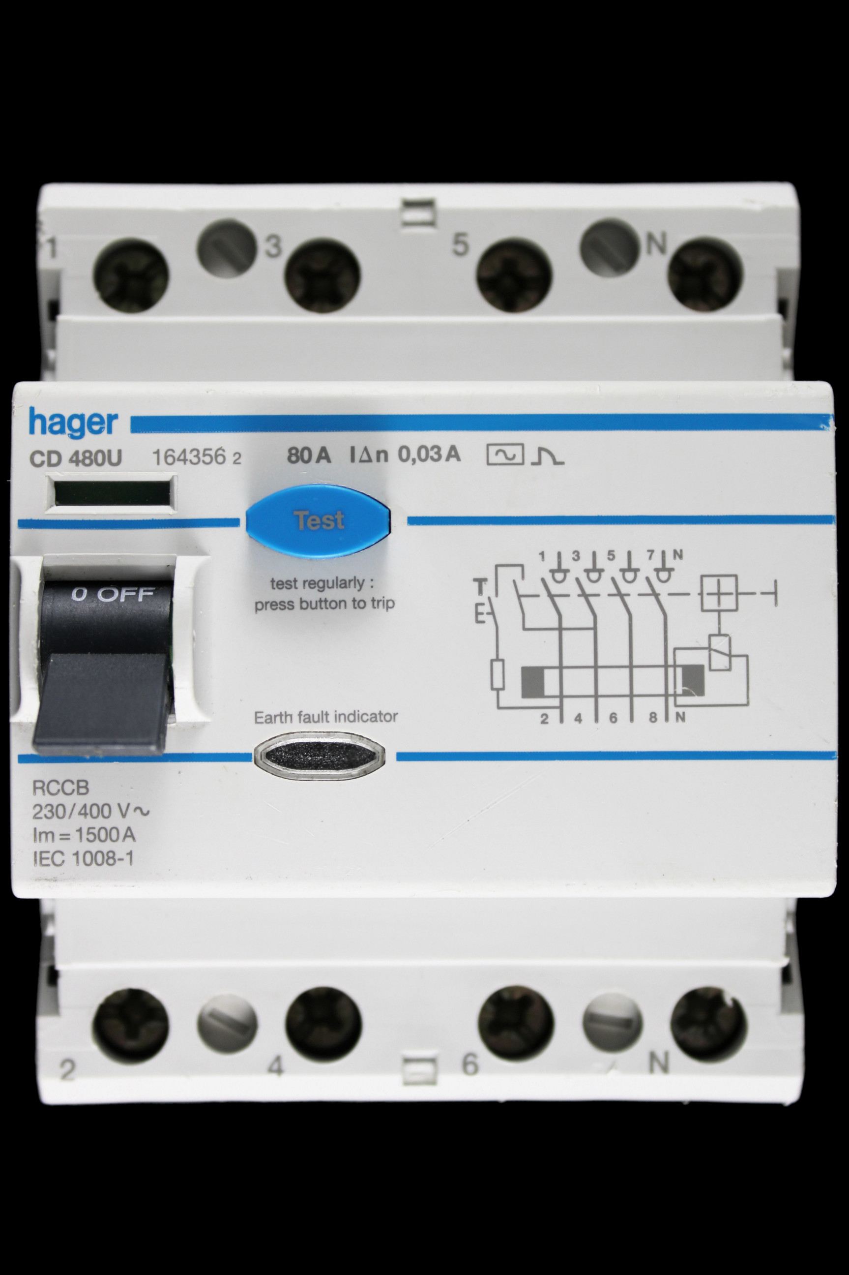 HAGER 80 AMP 30mA FOUR POLE RCCB RCD TYPE AC CD480U 164356
