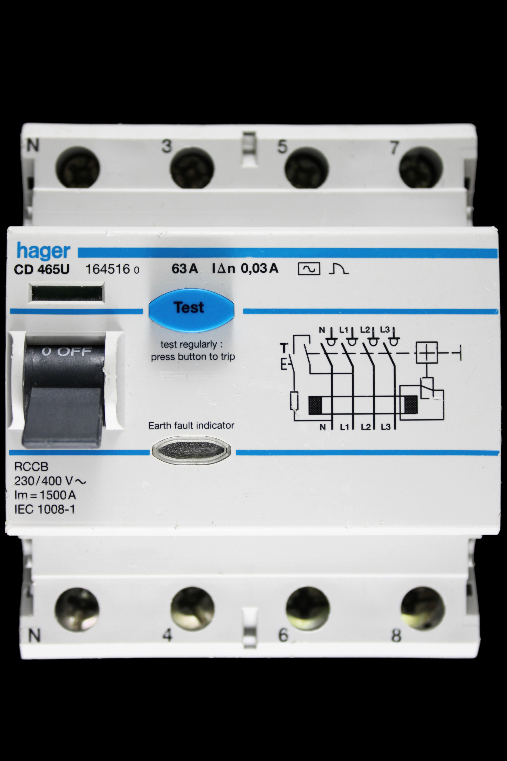 HAGER 63 AMP 30mA FOUR POLE RCCB RCD TYPE AC CD465U 164516