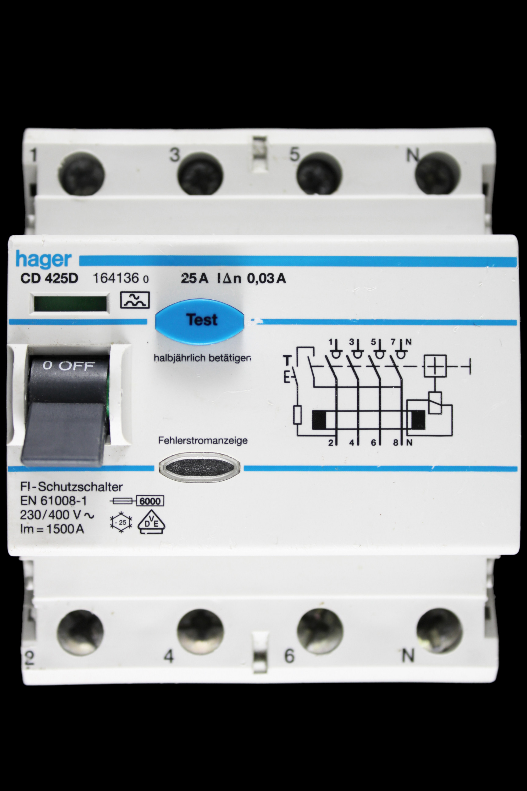 HAGER 25 AMP 30mA FOUR POLE RCCB RCD TYPE A CD425D 164136