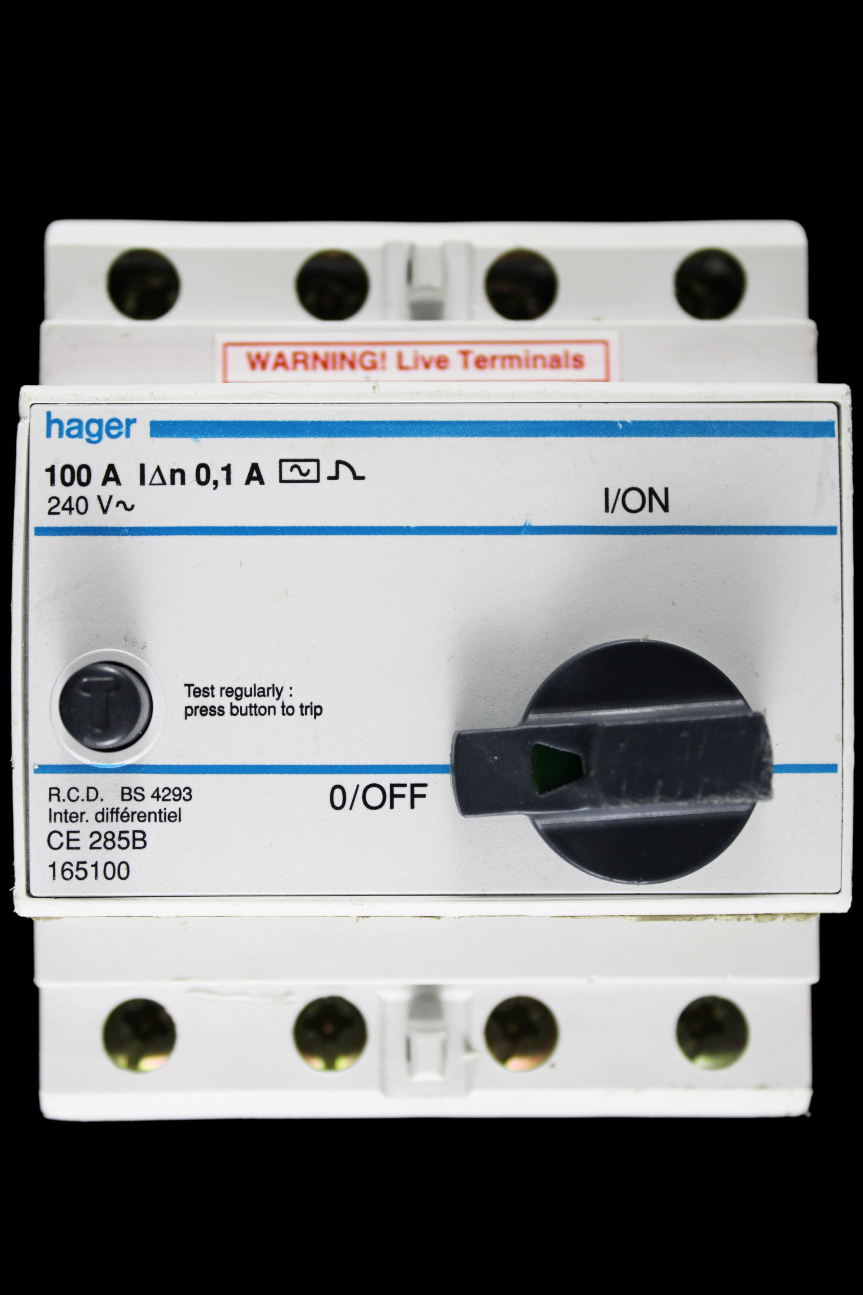 HAGER 100 AMP 100mA FOUR POLE RCD TYPE AC CE285B 165100