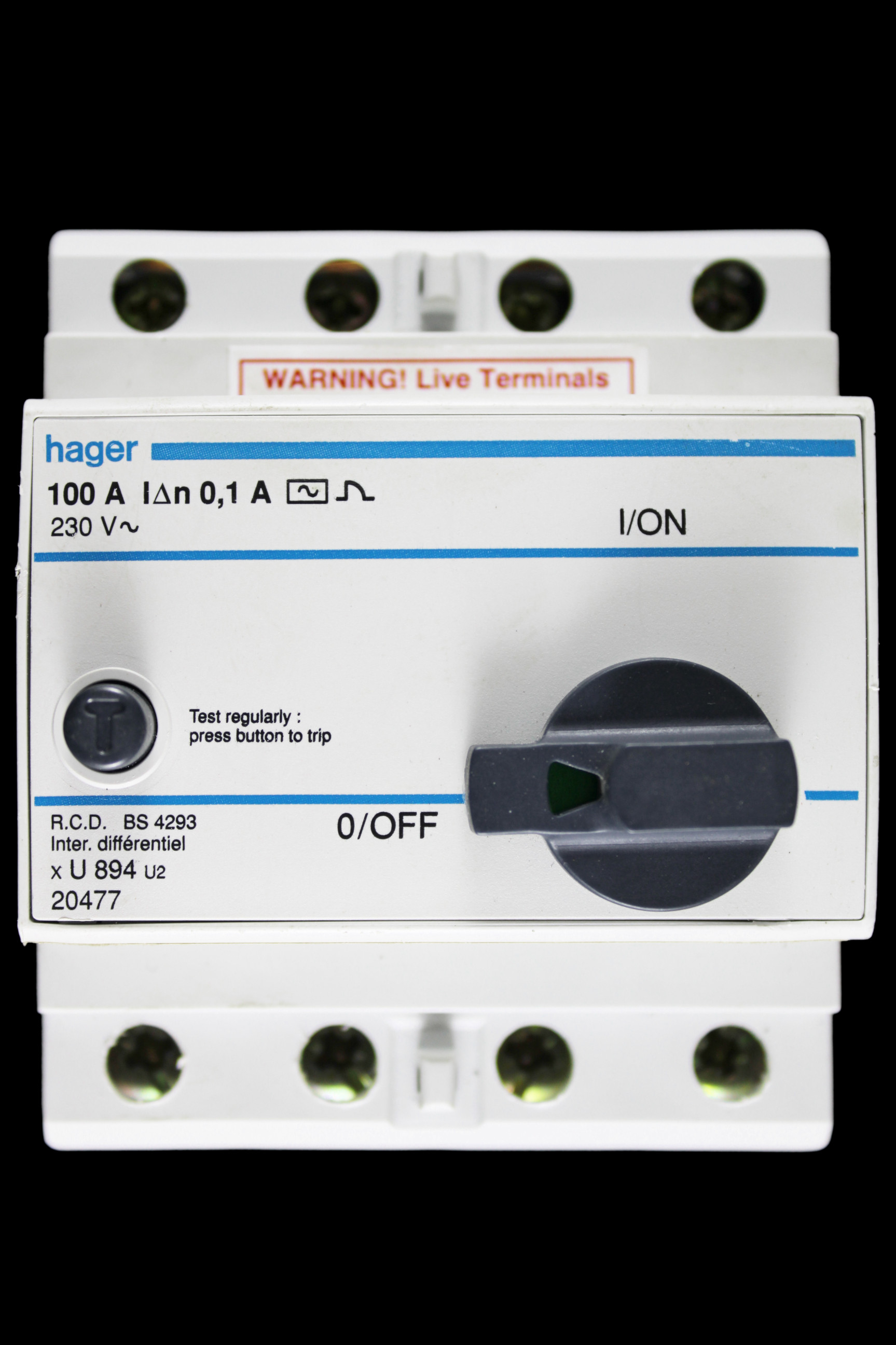 HAGER 100 AMP 100mA FOUR POLE RCD TYPE AC U894 U2 20477