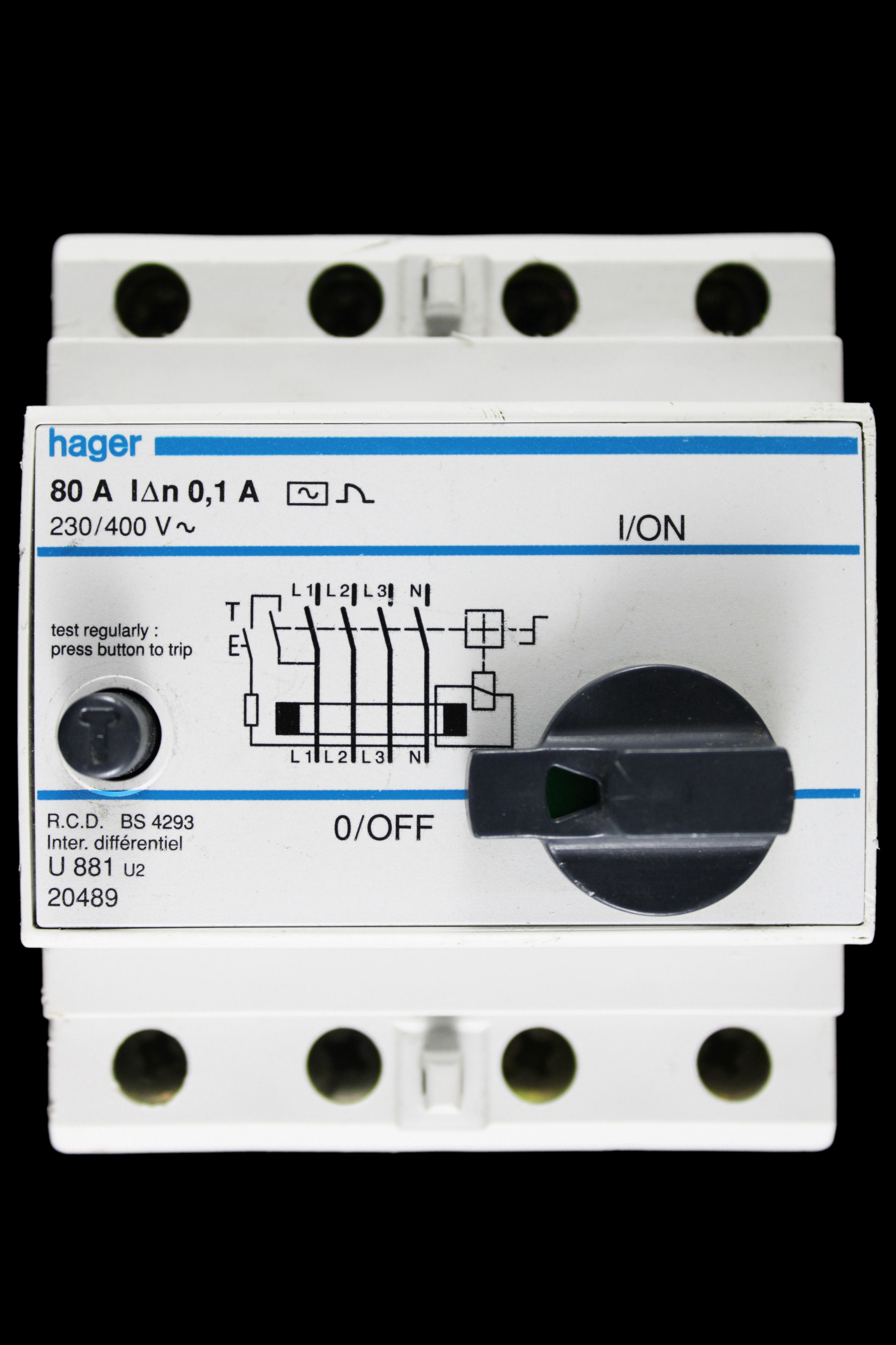 HAGER 80 AMP 100mA FOUR POLE RCD TYPE AC U881 U2 20489