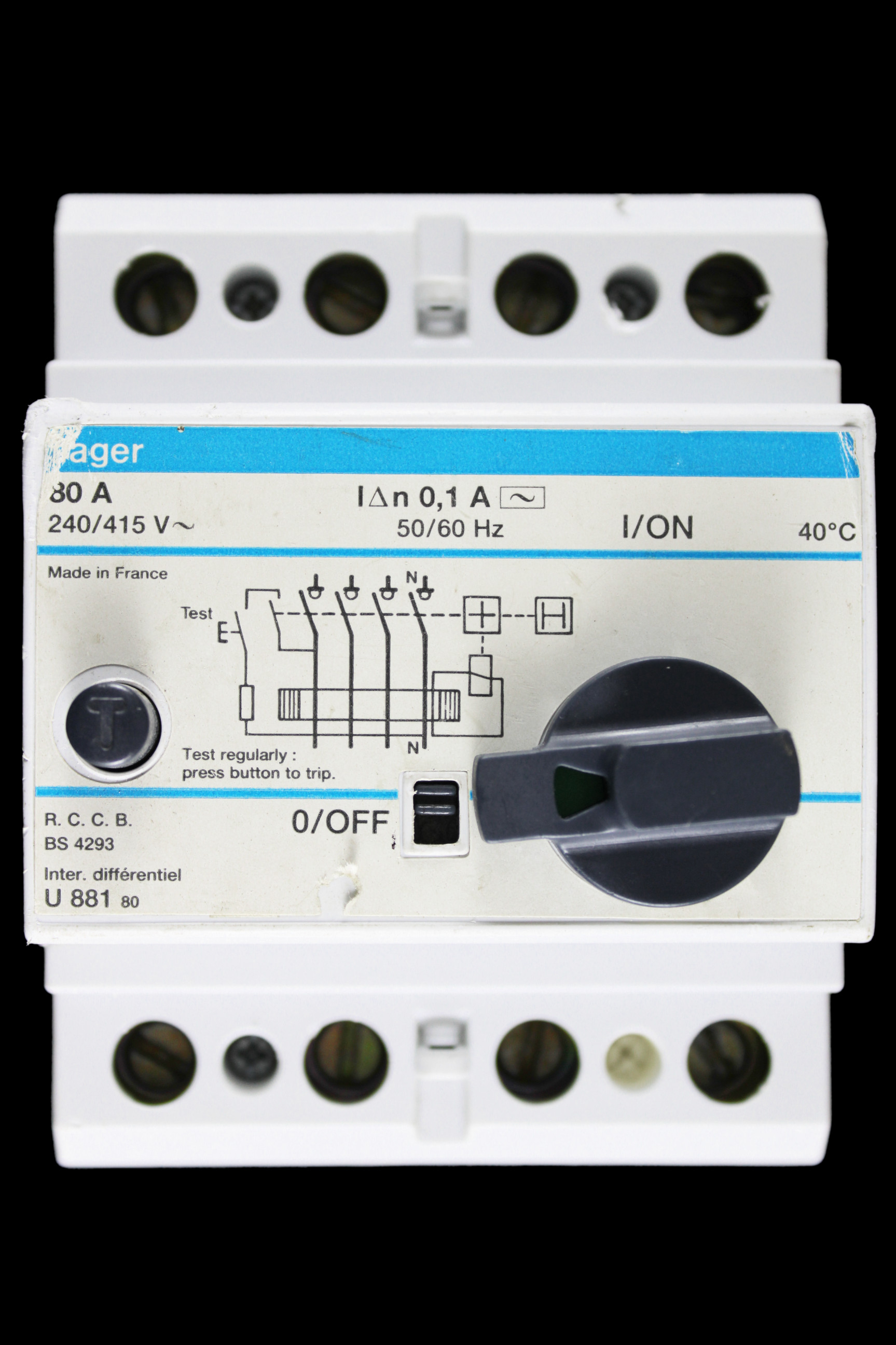 HAGER 80 AMP 100mA FOUR POLE RCCB RCD TYPE AC U881 80