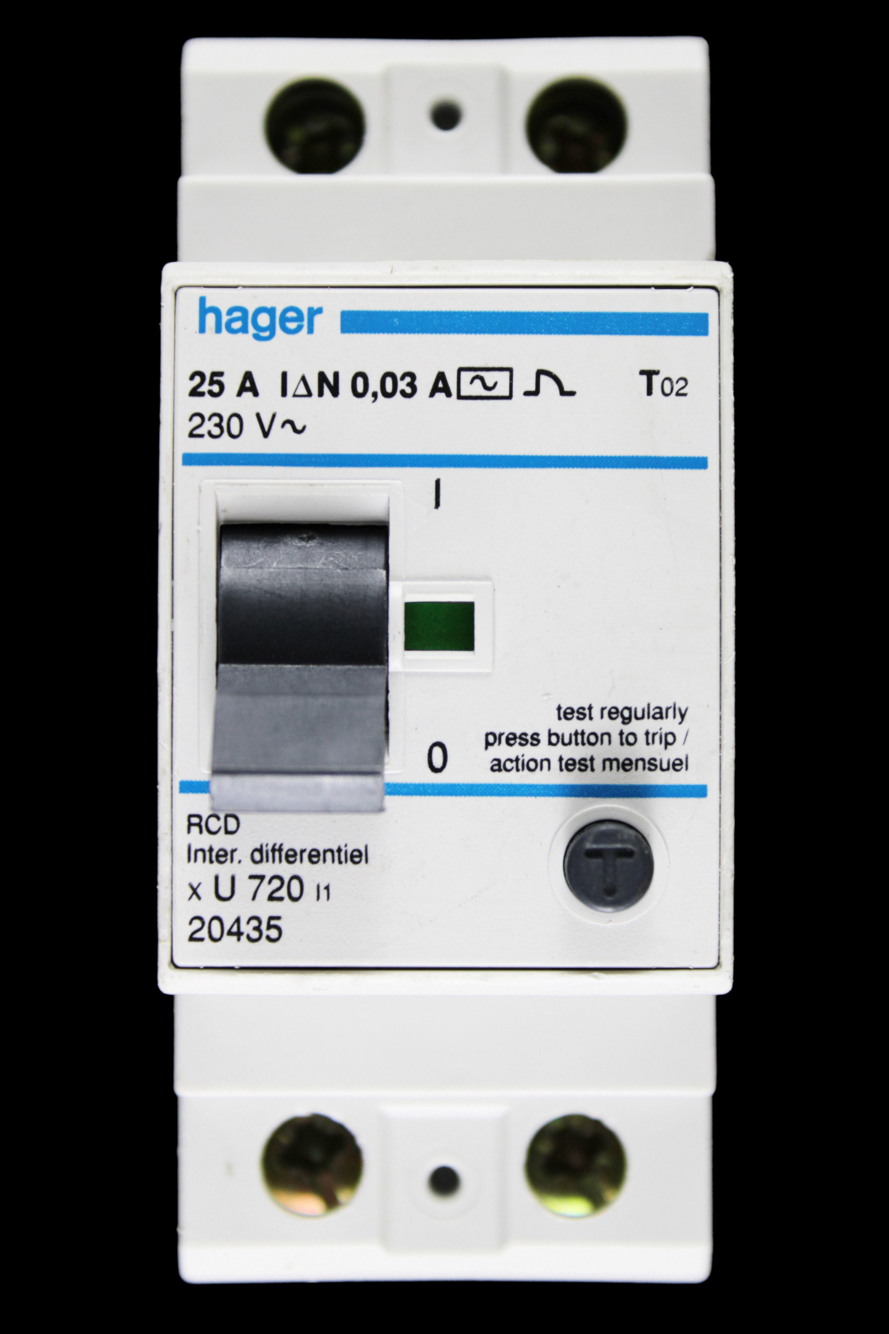 HAGER 25 AMP 30mA DOUBLE POLE RCD TYPE AC U720 I1 20435