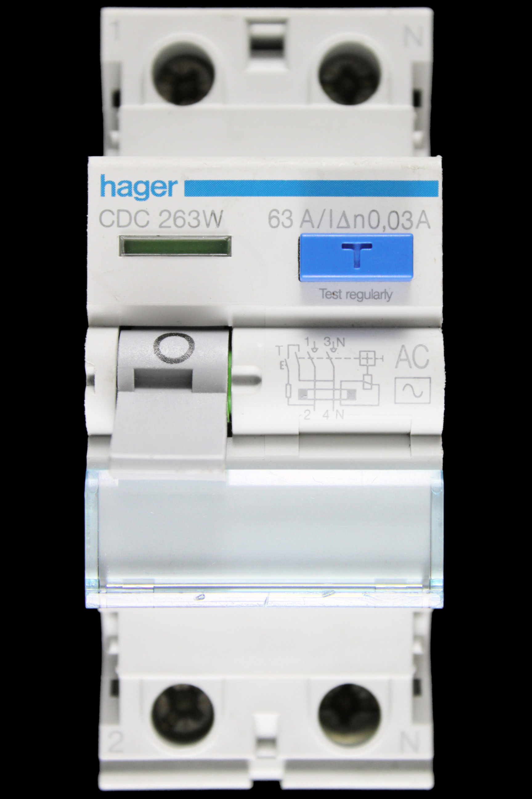 HAGER 63 AMP 30mA DOUBLE POLE RCD TYPE AC CDC263W 161472