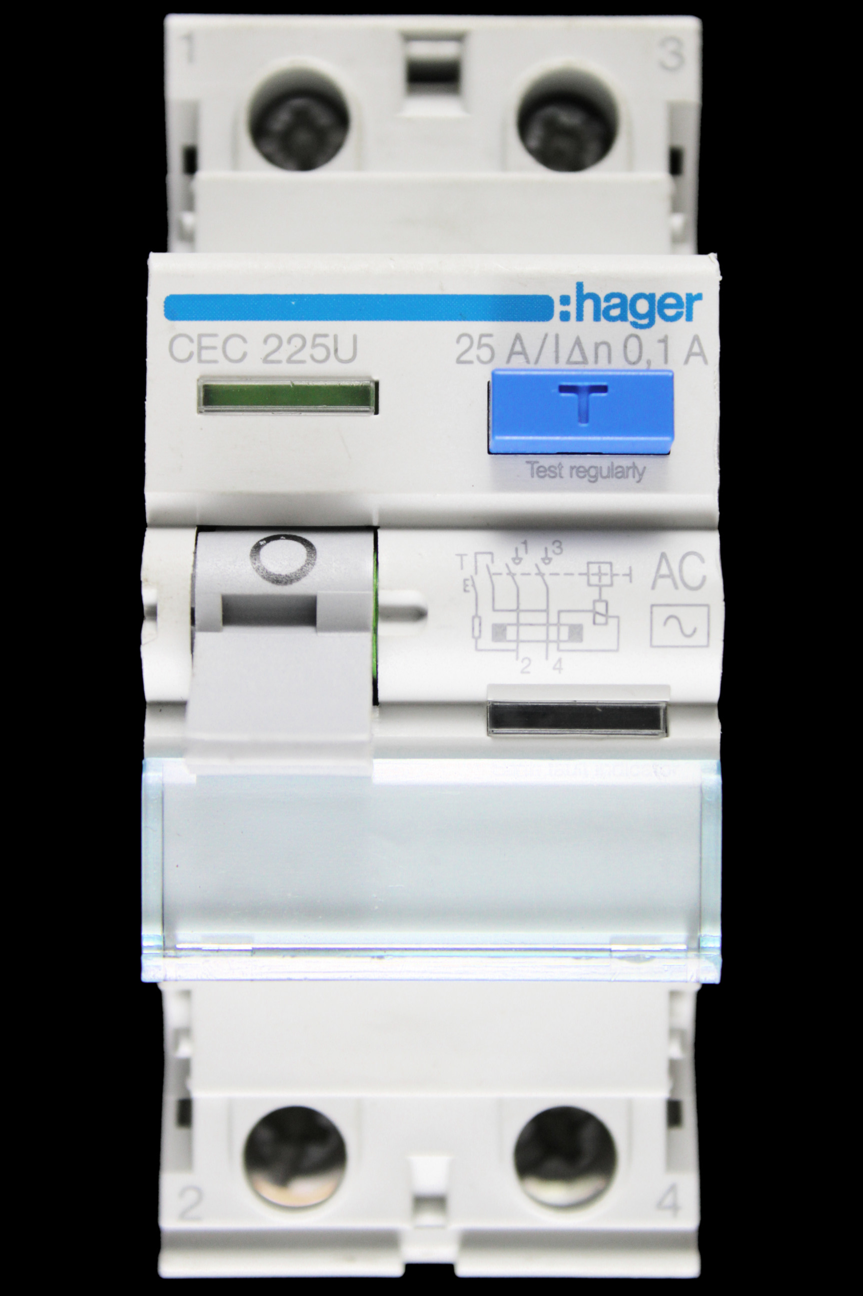 HAGER 25 AMP 100mA DOUBLE POLE RCCB RCD TYPE AC CEC225U 161505