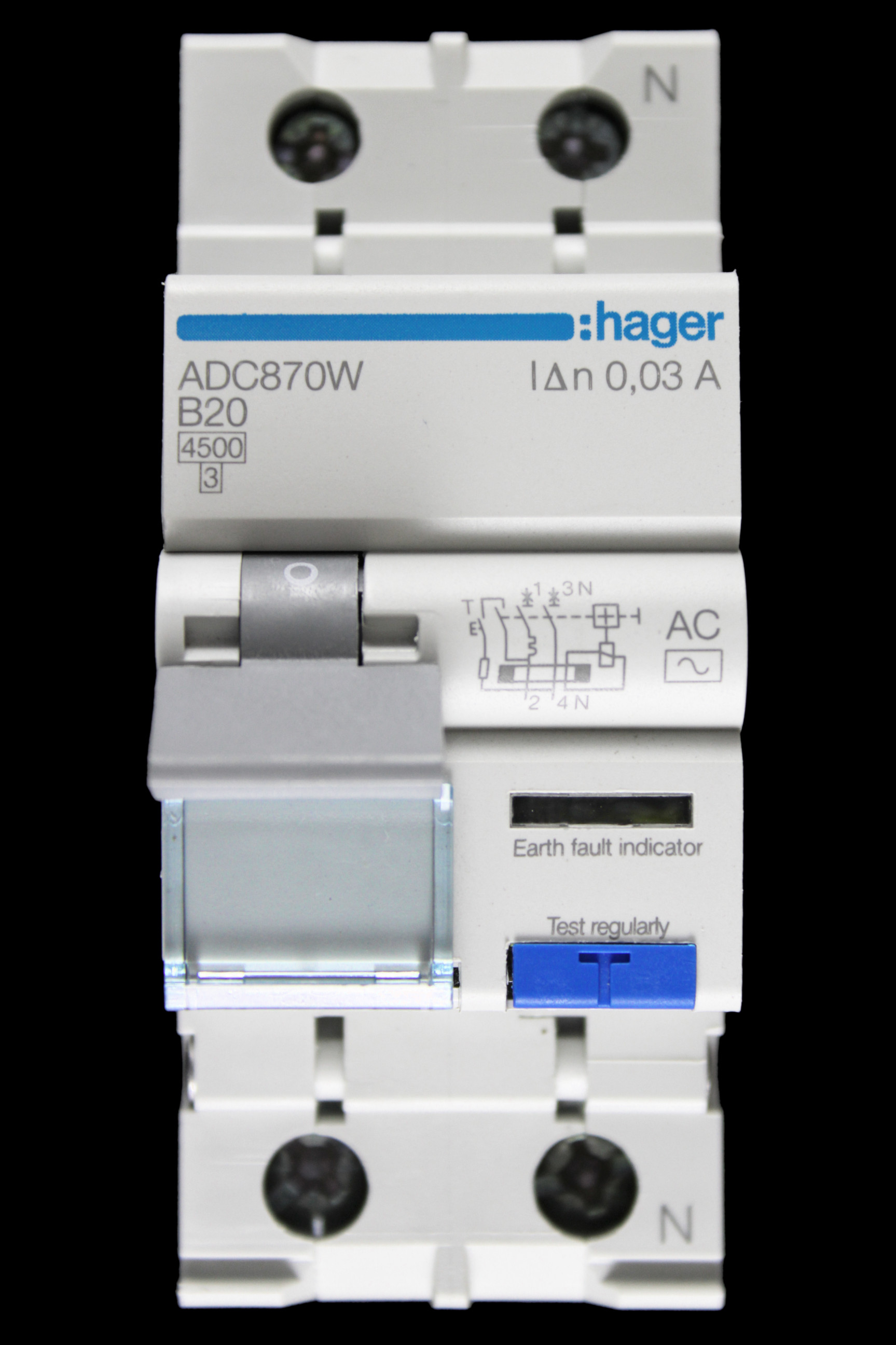 HAGER 20 AMP CURVE B 4.5kA 30mA DOUBLE POLE RCBO TYPE AC ADC870W 101055