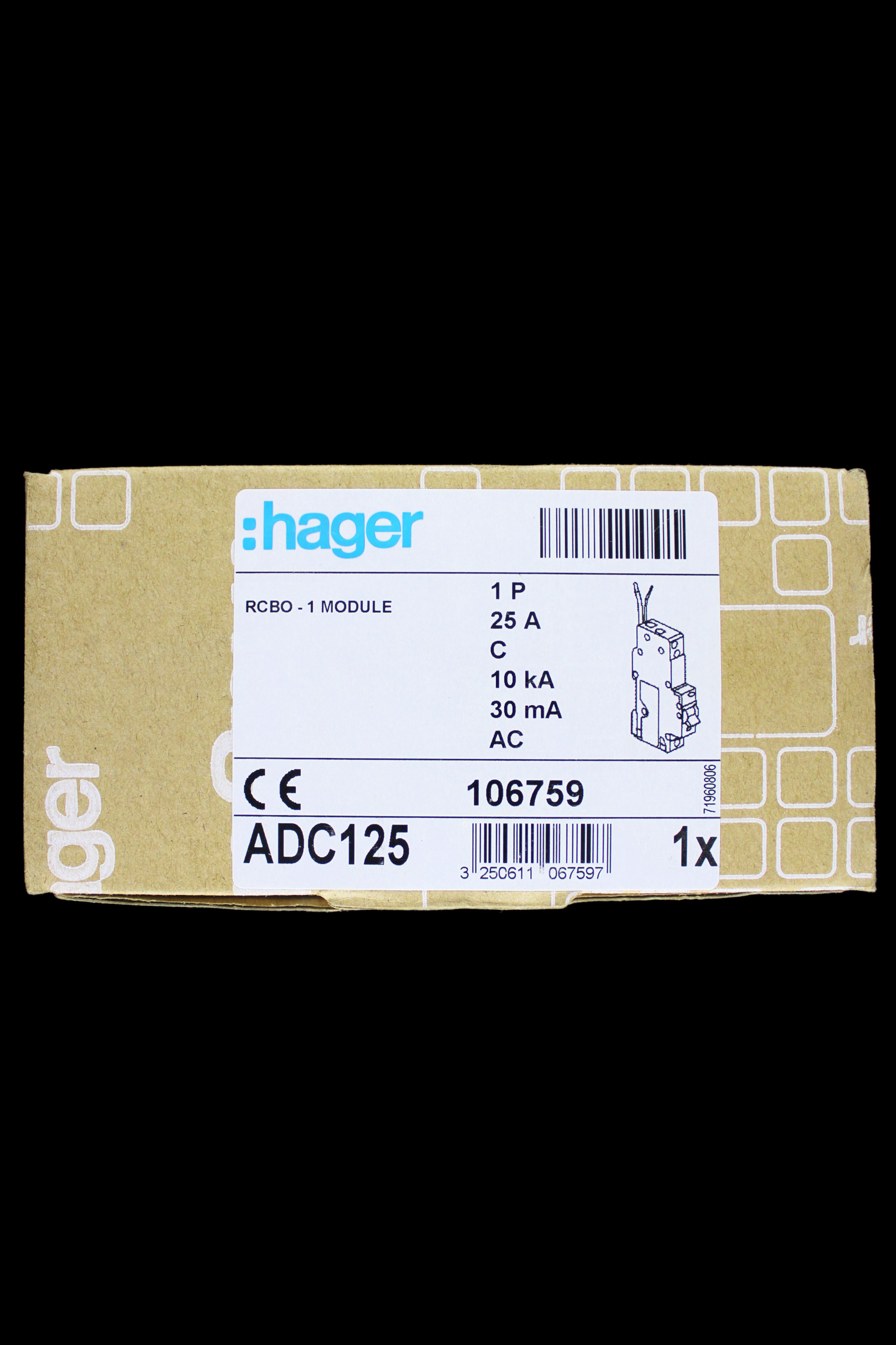 HAGER 25 AMP CURVE C 10kA 30mA RCBO TYPE AC ADC125 106759