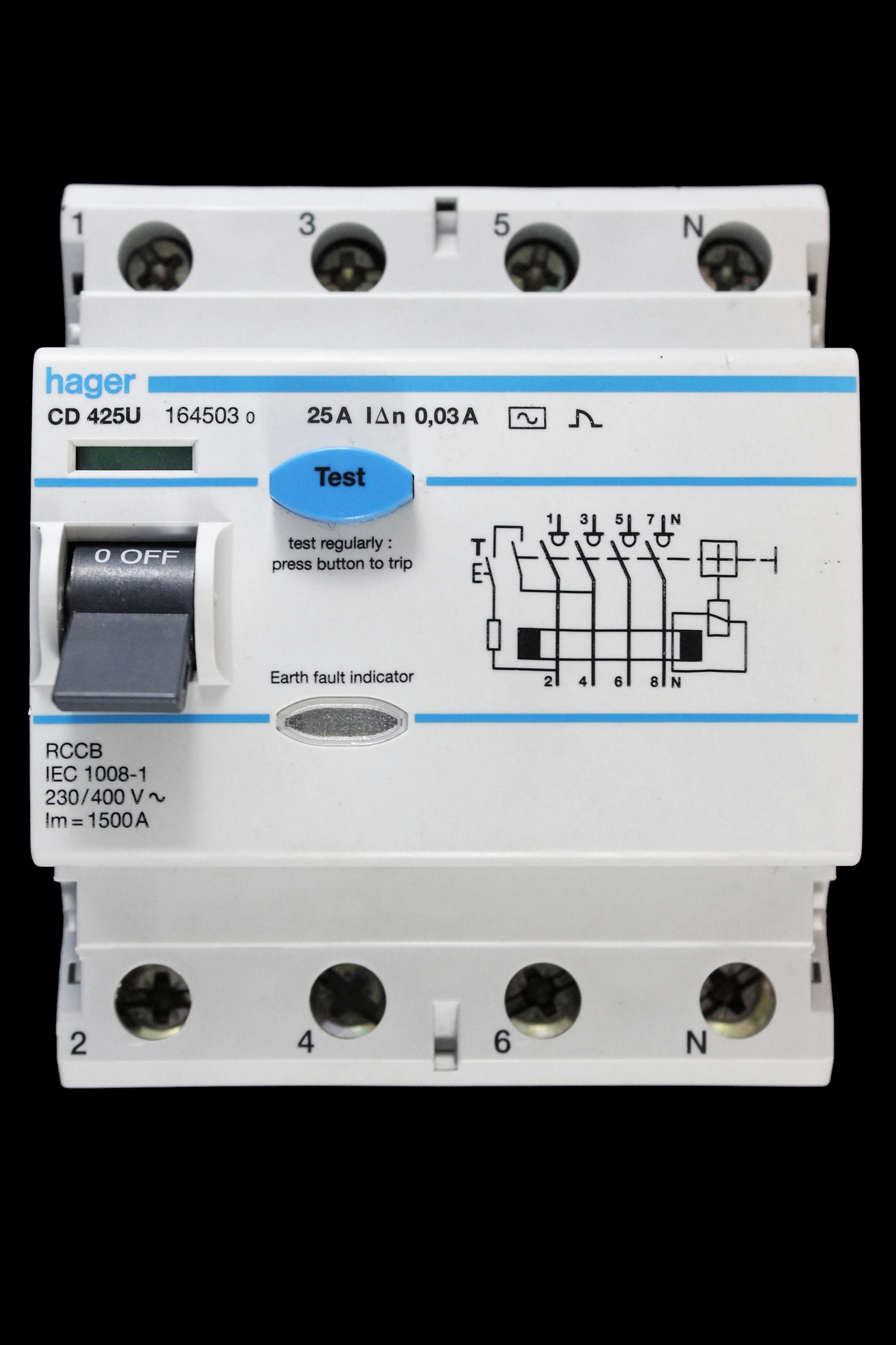 HAGER 25 AMP 30mA FOUR POLE RCCB RCD TYPE AC CD425U 164503