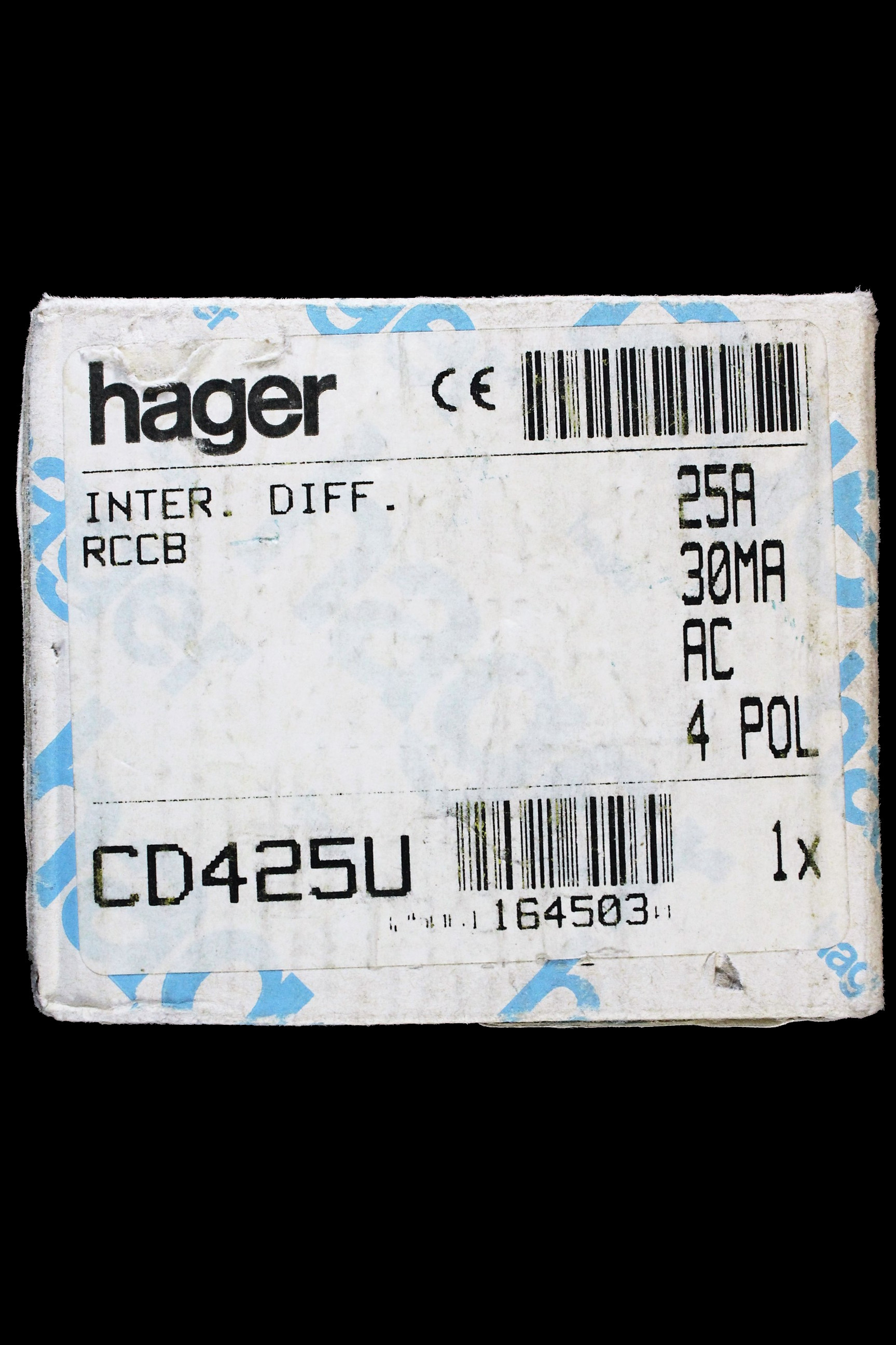 HAGER 25 AMP 30mA FOUR POLE RCCB RCD TYPE AC CD425U 164503