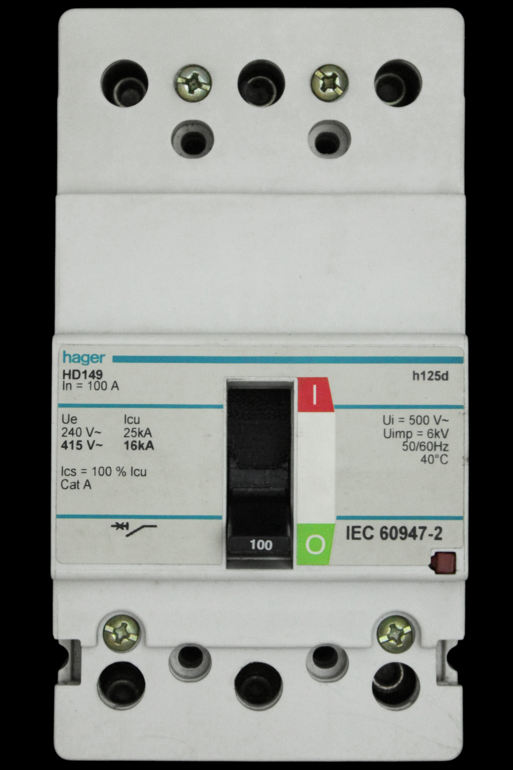 HAGER 100 AMP 16kA TRIPLE POLE MCCB HD149 H125D
