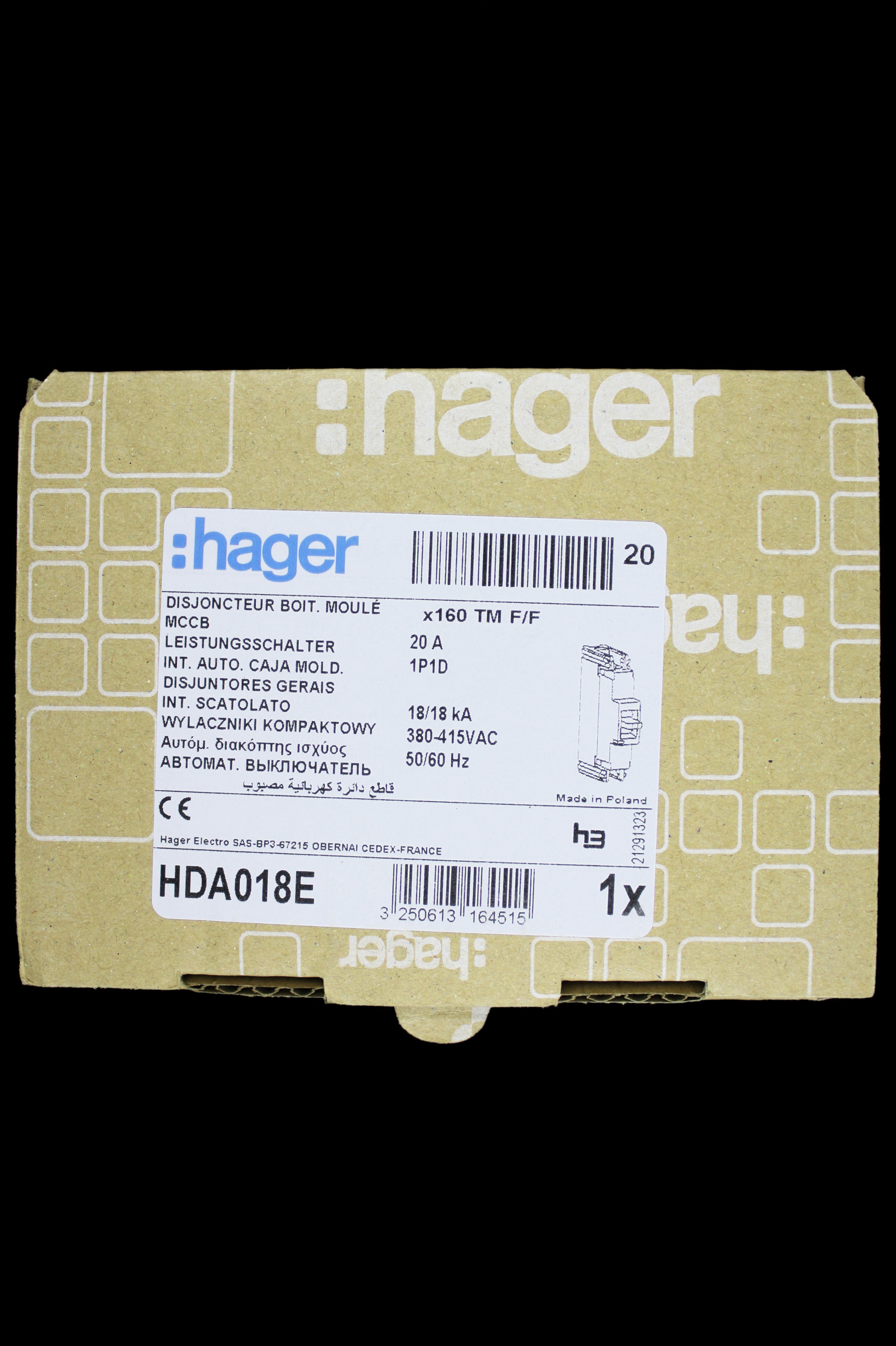 HAGER 20 AMP 18kA MCCB HDA018E 316451 X160