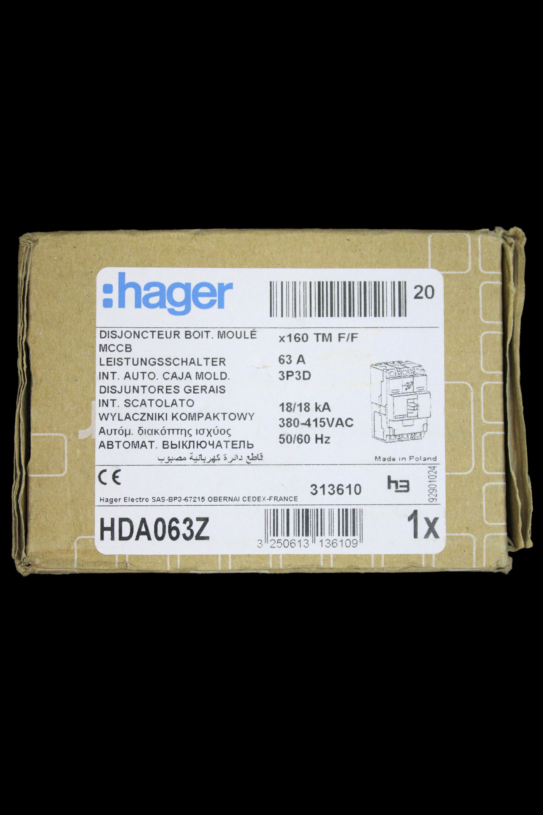 HAGER 63 AMP 18kA TRIPLE POLE MCCB HDA063Z X160 313610