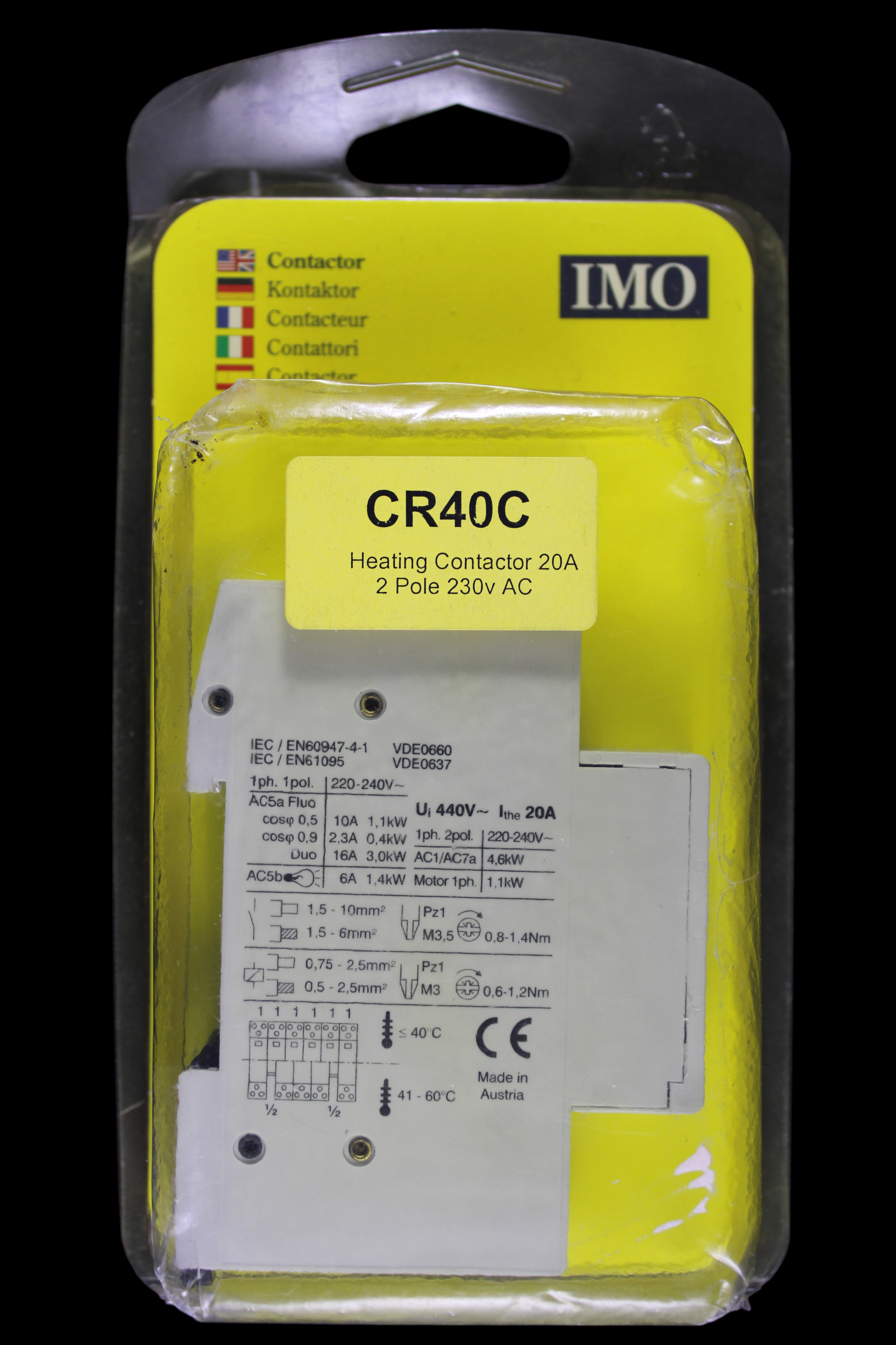 IMO 20 AMP DOUBLE POLE NO CONTACTOR 220/240V COIL HC20-20