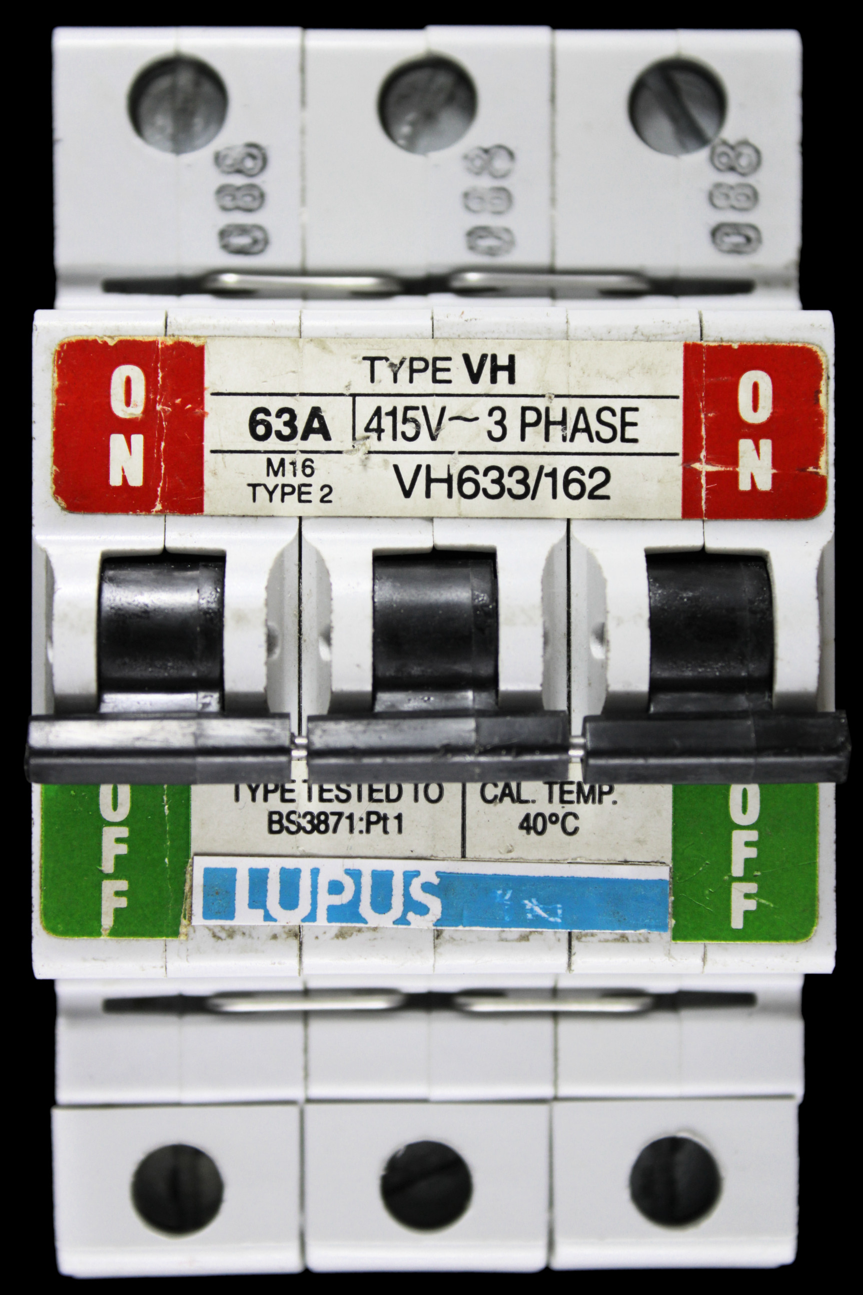 LUPUS 63 AMP TYPE 2 M16 TRIPLE POLE MCB CIRCUIT BREAKER VH633/162