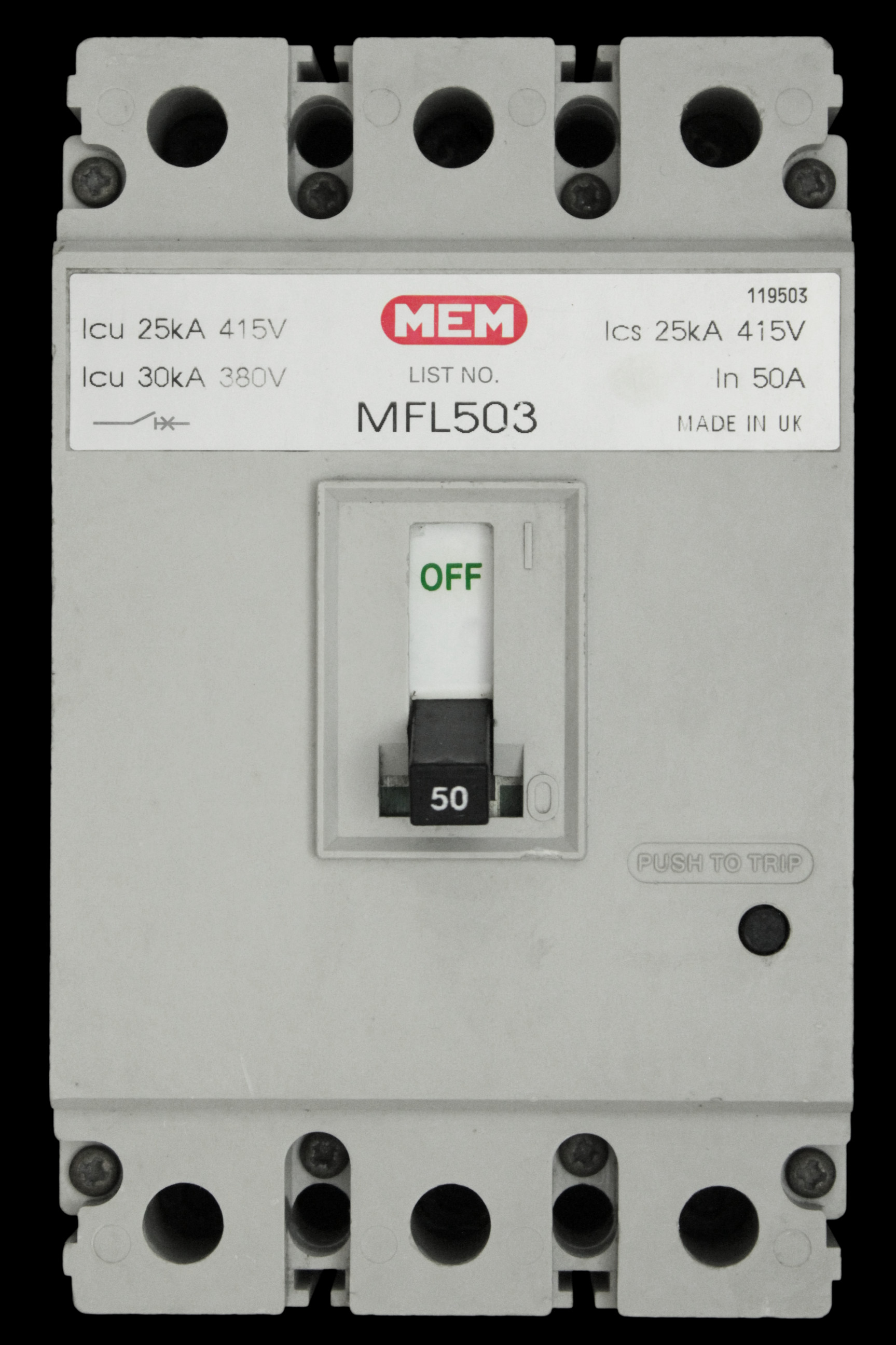 MEM 50 AMP 25kA TRIPLE POLE MCCB MFL503
