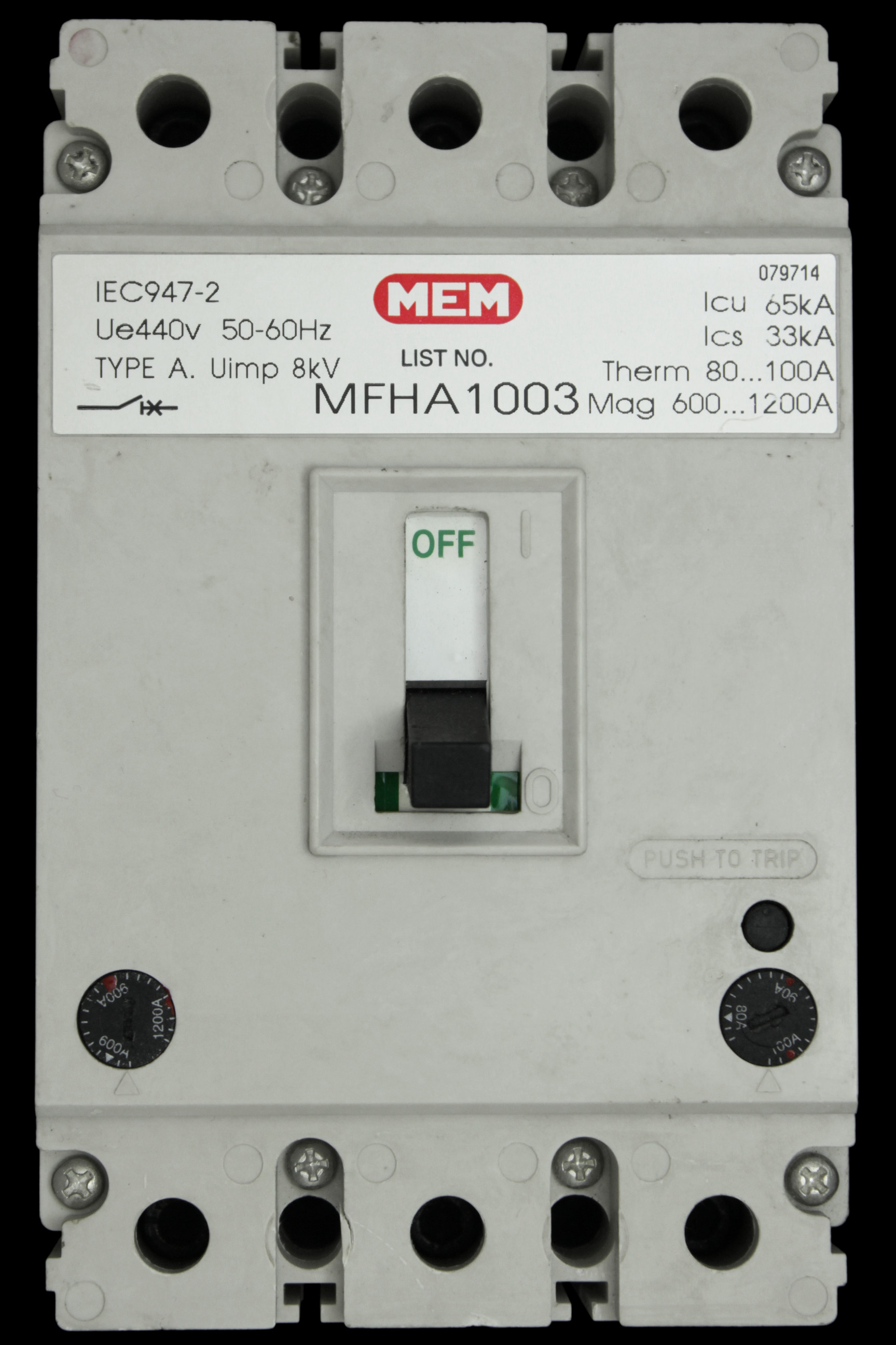 MEM 100 AMP 65kA TRIPLE POLE MCCB MFHA1003 MFHA 1003
